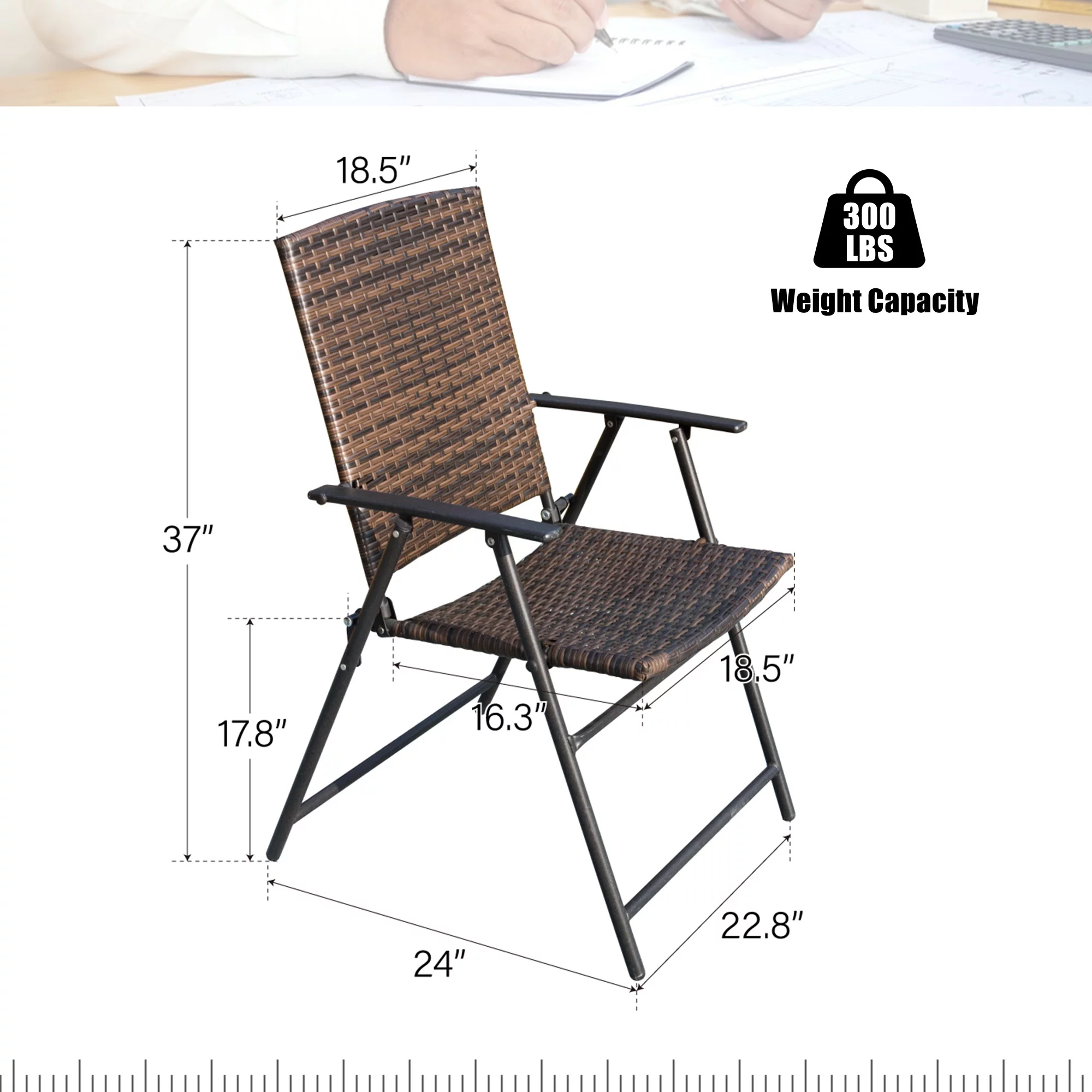 MF Studio 2 Piece Patio Wicker Folding Dining Chairs with Metal Frame, Dark Brown