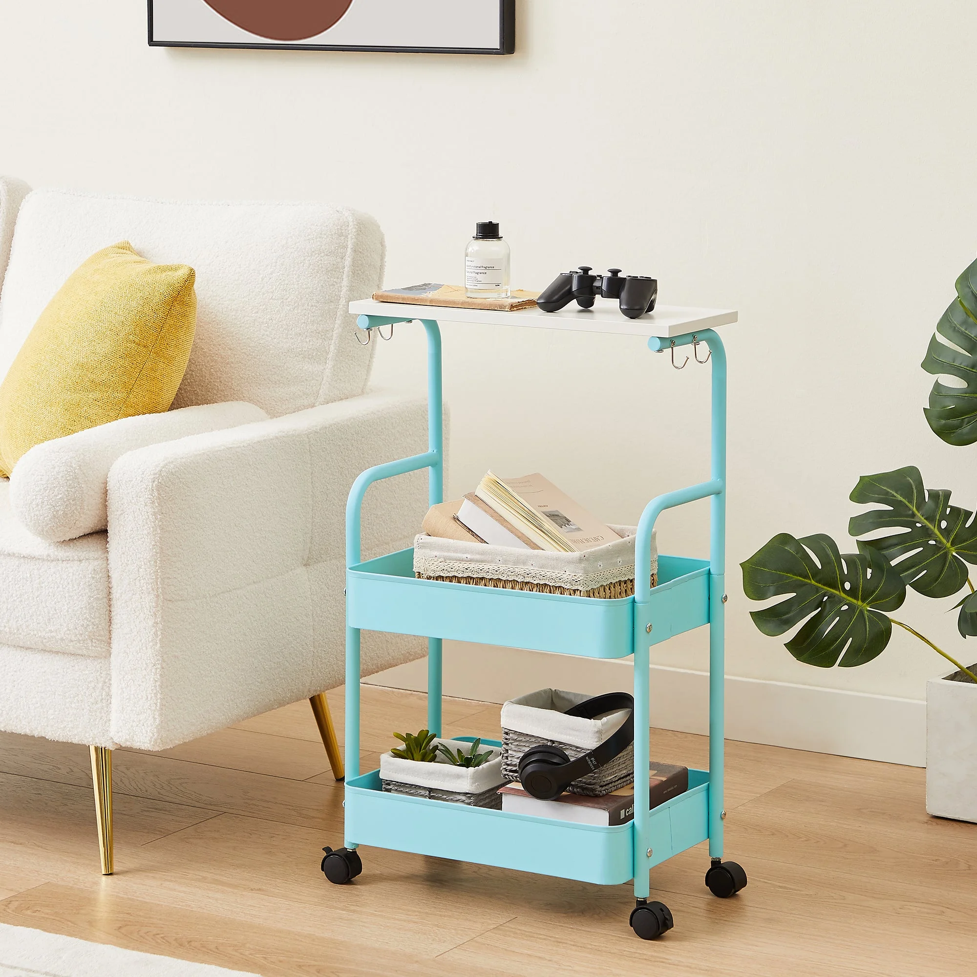 VECELO 3-Tier Rolling Storage Cart with Wooden Tabletop, Metal Utility Cart with Lockable Wheels & 4 Hooks for Kitchen Bathroom Bedside Office, Blue