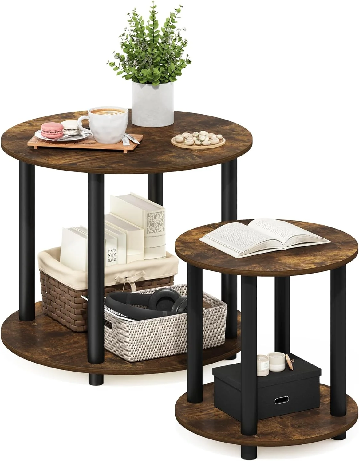 2-Tier Round Wooden End Table, Amber Pine