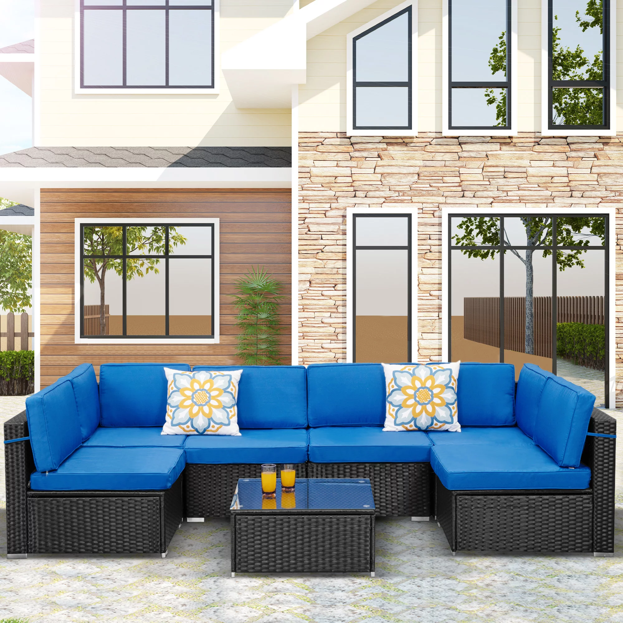 Superjoe Outdoor Patio Furniture Set, 7-Piece Black Rattan Wicker Sectional Sofa Set with Coffee Table,Royal Blue Cushion No Decorative Pillow