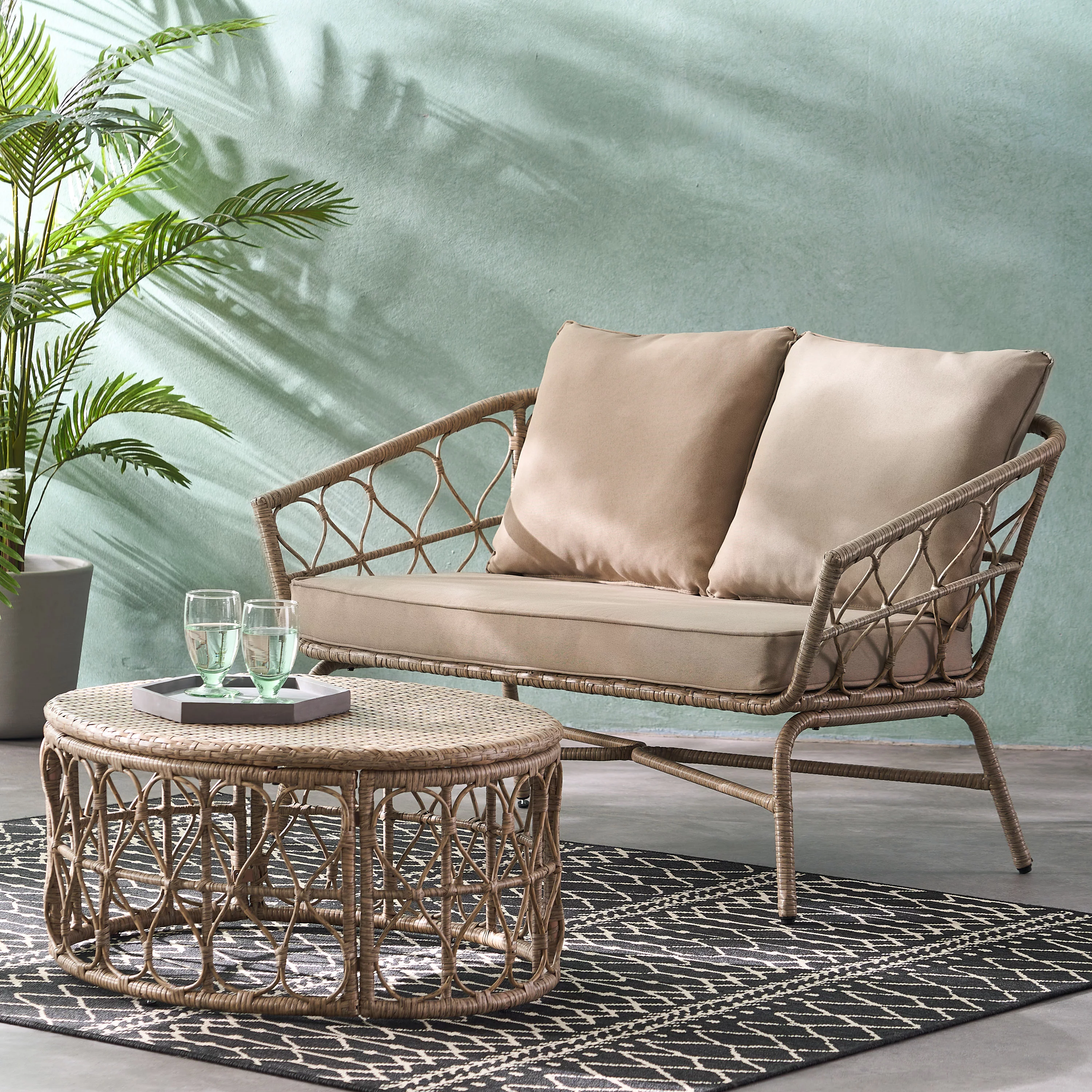 GDF Studio Colmar Outdoor Wicker Loveseat and Coffee Table Set with Cushions, Light Brown and Beige