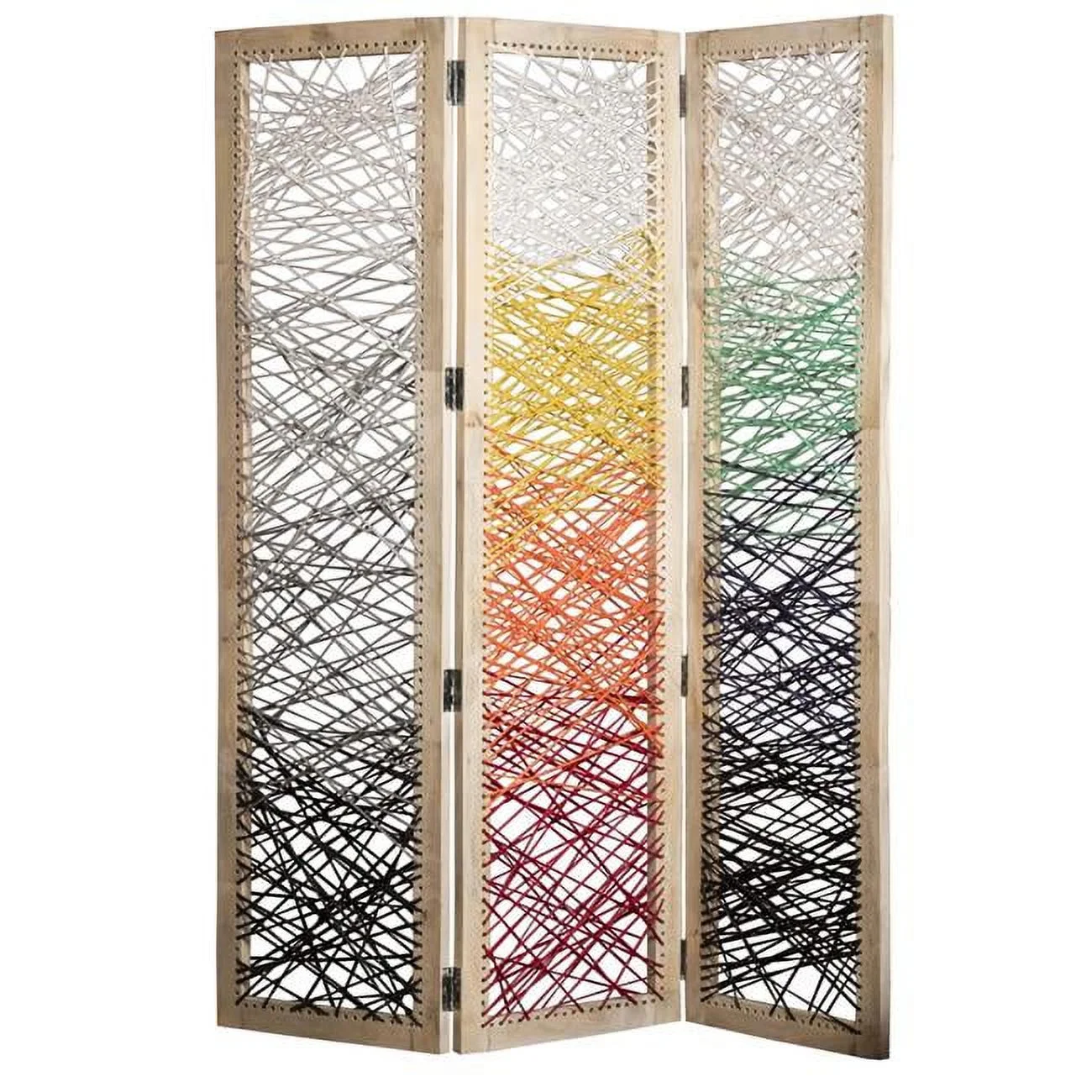 3 Panel Wooden Screen with Woven Reinforced Yarn, Multi Color