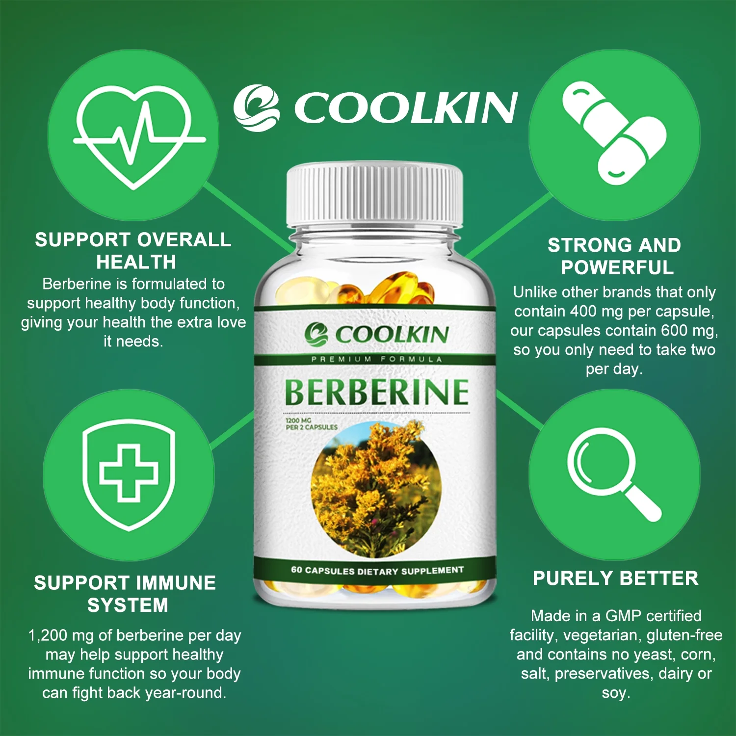 Coolkin Berberine 1200mg - Berberine HCI - Heart Health, Blood Sugar Balance and Control 60 Capsules