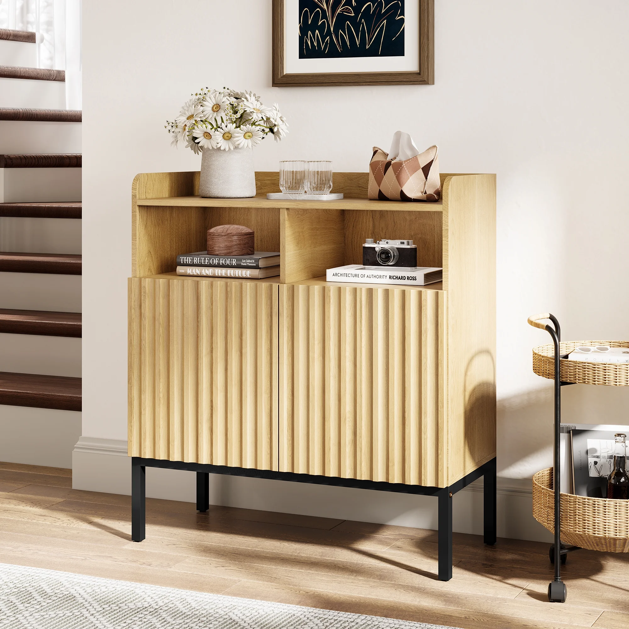 HLR 33'' Modern Wood Fluted 2 Door Accent Storage Cabinet with Metal feet, Brown