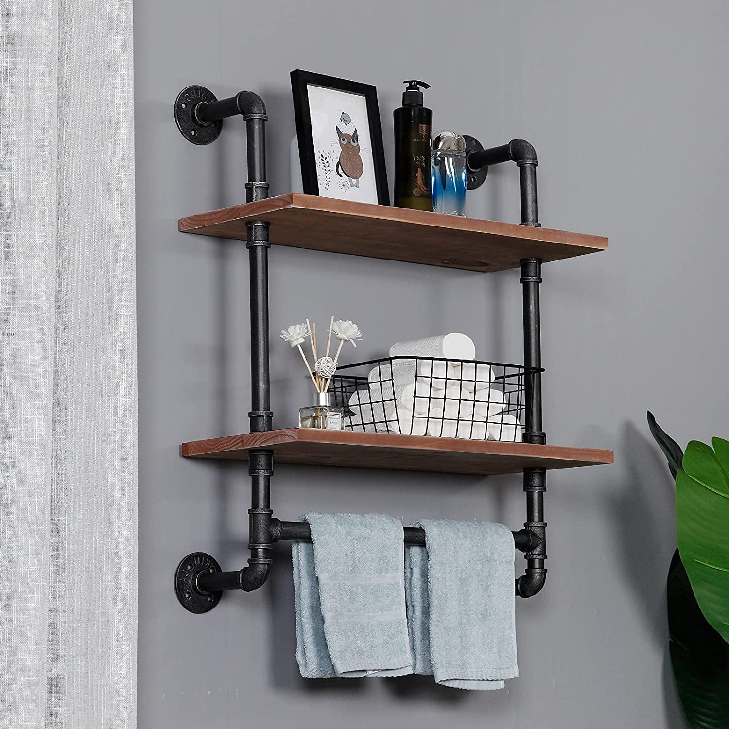 HAOFEI Industrial Pipe Shelving Bathroom Floating Shelves Wall Mounted, 2 Tier 24 inch Rustic Wood Shelf with Towel Bar, Farmhouse Towel Rack Bathroom Shelf Over Toilet