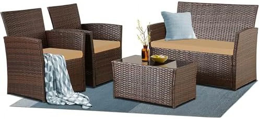 xrboomlife 4 Piece Outdoor  Set  Patio Wicker Sectional Sofa with Tempered Glass Coffee Table and Cushions  Rattan Conversation Set for Garden Backyard Balcony (Gray Wicker/Beige Cushion)