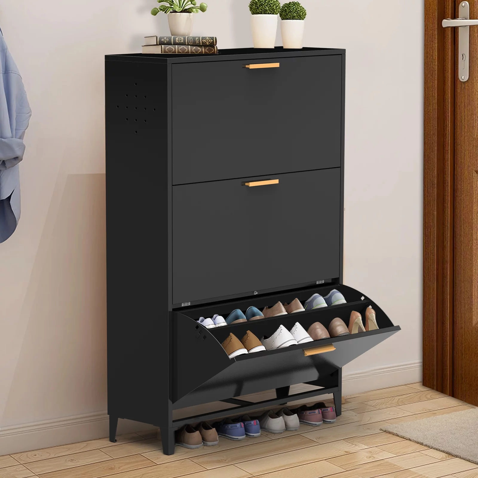Royard Oaktree Shoe Cabinet Freestanding Metal Shoe Storage Cabinet with 3 Flip Drawers Modern Narrow Shoes Organizer Large Shoe Rack for Entryway, Hallway, Bedroom,Black
