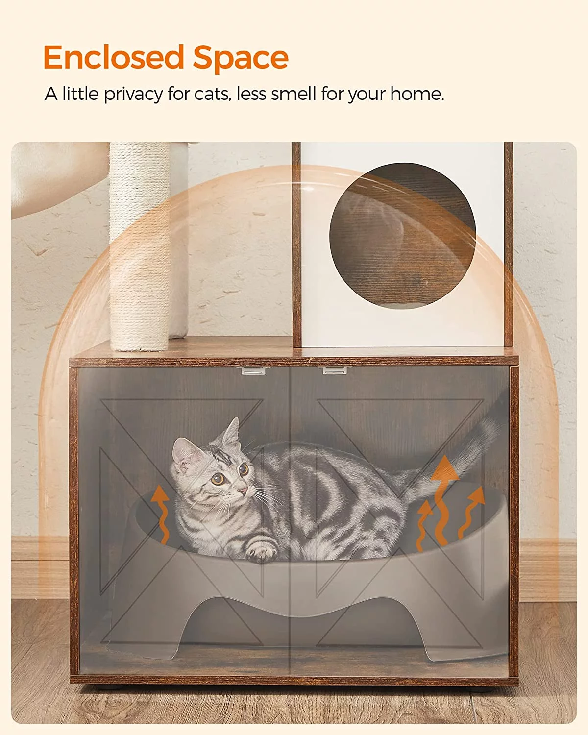 WoodyWonders Cat Tree with Litter Box Enclosure, 2-in-1 Modern Tower, Furniture Hidden, Cat Condo with Scratching Posts, Removable Pompom Sticks, Rustic Brown UPCT113X01