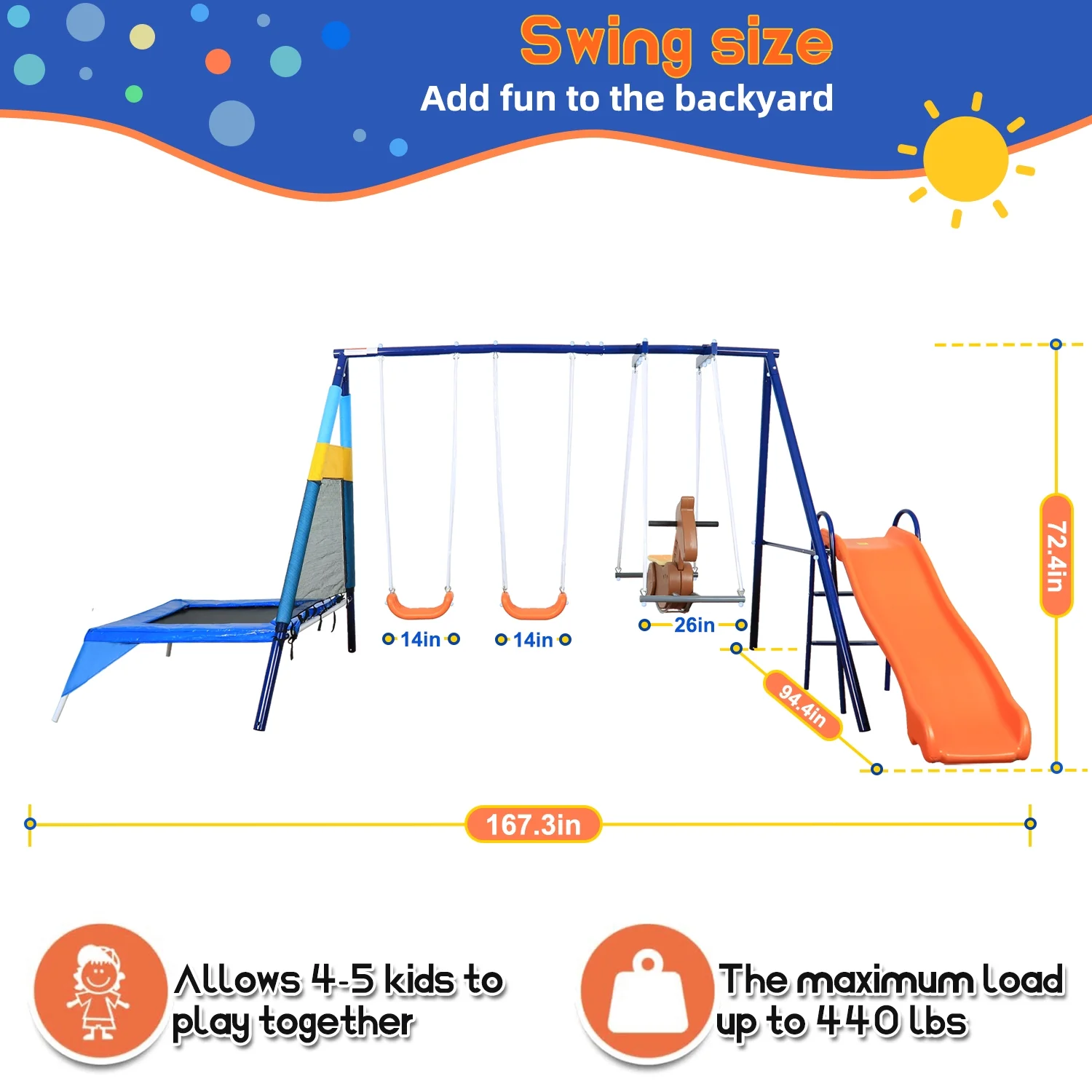 SMkidsport 5 in 1 Multi Functions Swing Set for Backyard, Heavy Duty Metal Playground Set for Kids with Slide, Trampoline, Two Swing Seats and Glider