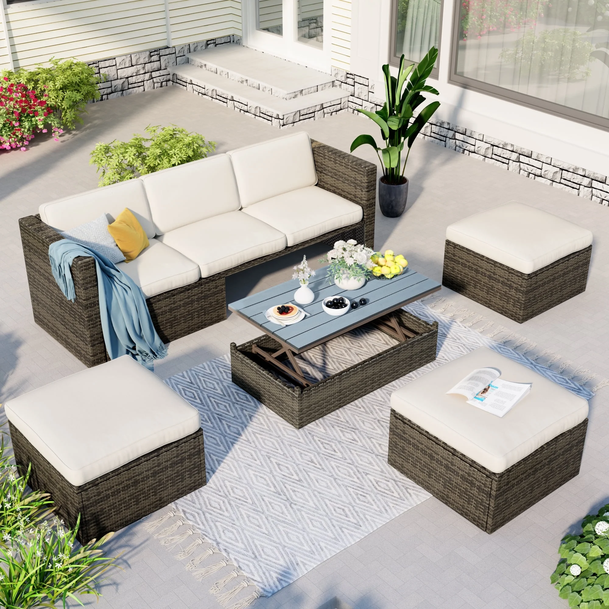 EUROCO Oversize 5-Piece Patio Furniture Sets,Outdoor Sectional Conversation Set Wicker Sofa with Adjustable Backrest, Cushions, Ottomans and Lift Top Coffee Table,Beige