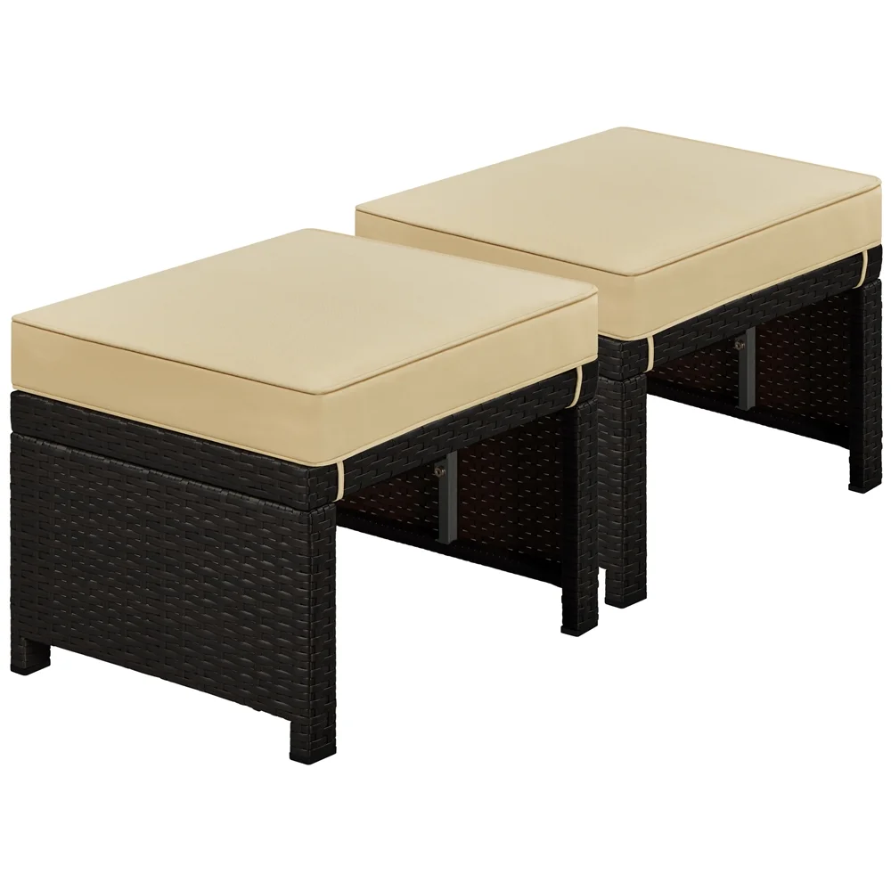 Alden Design 2PCS Wicker Ottomans with Removable Cushion for Patio, Brown/Khaki