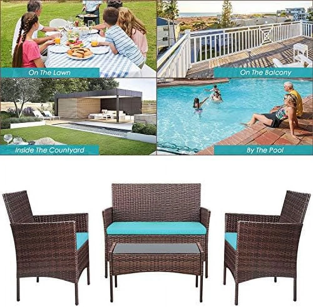 HBBOOMLIFE 4 Pieces Patio Rattan Chair Wicker  Outdoor Indoor Use Backyard Porch Garden Poolside Balcony  Sets (Blue)