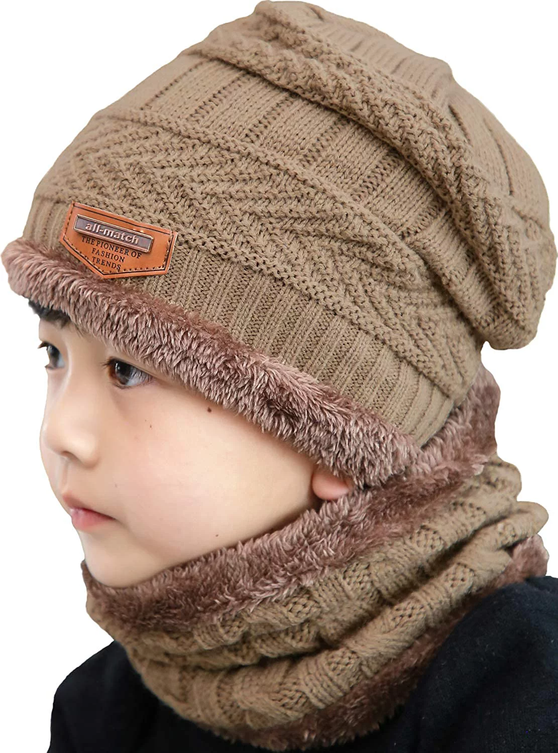 Baumaty 2Pcs Kids Winter Knitted Hats+Scarf Set Warm Fleece Lining Cap for 5-14 Year Old Boys Girls (Khaki)