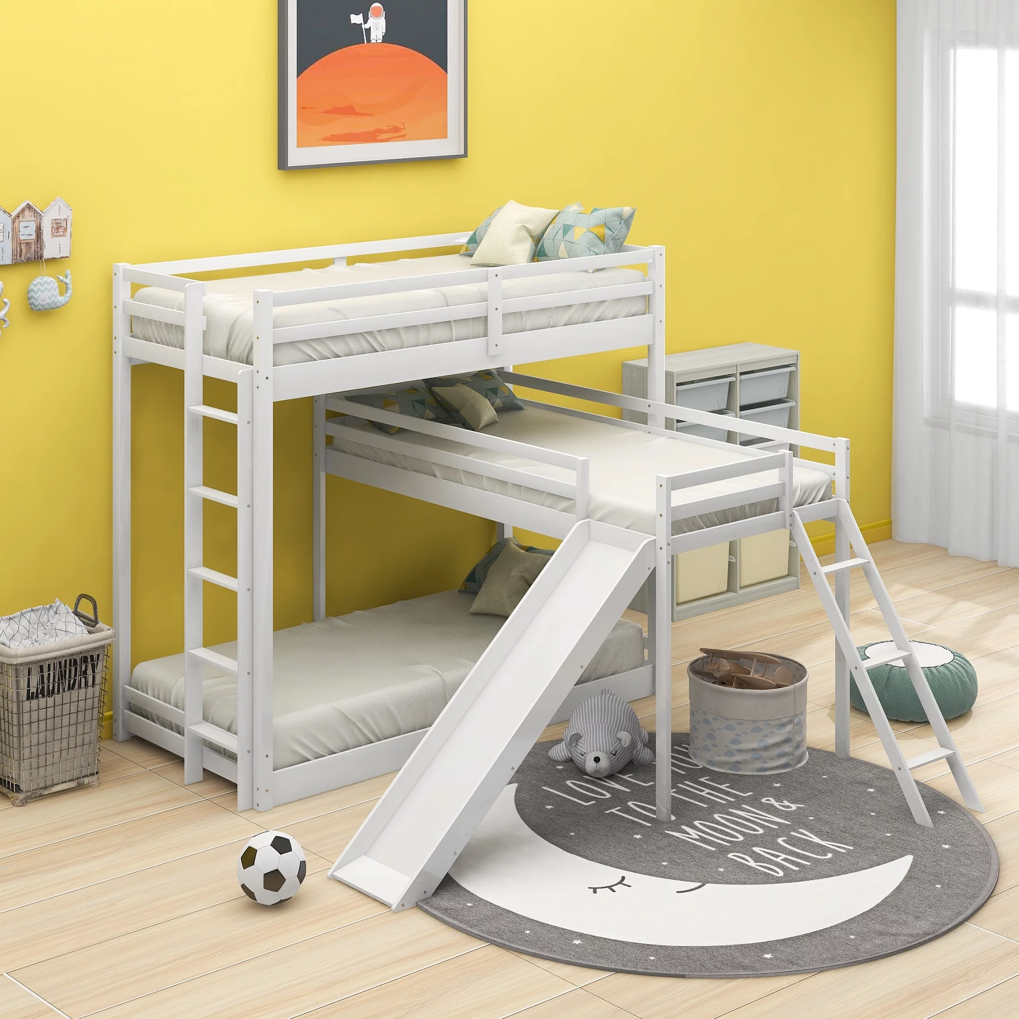 Euroco L-Shaped Twin Over Twin Over Twin Bunk Bed, Triple Bed with Slide & 2 Ladders, White