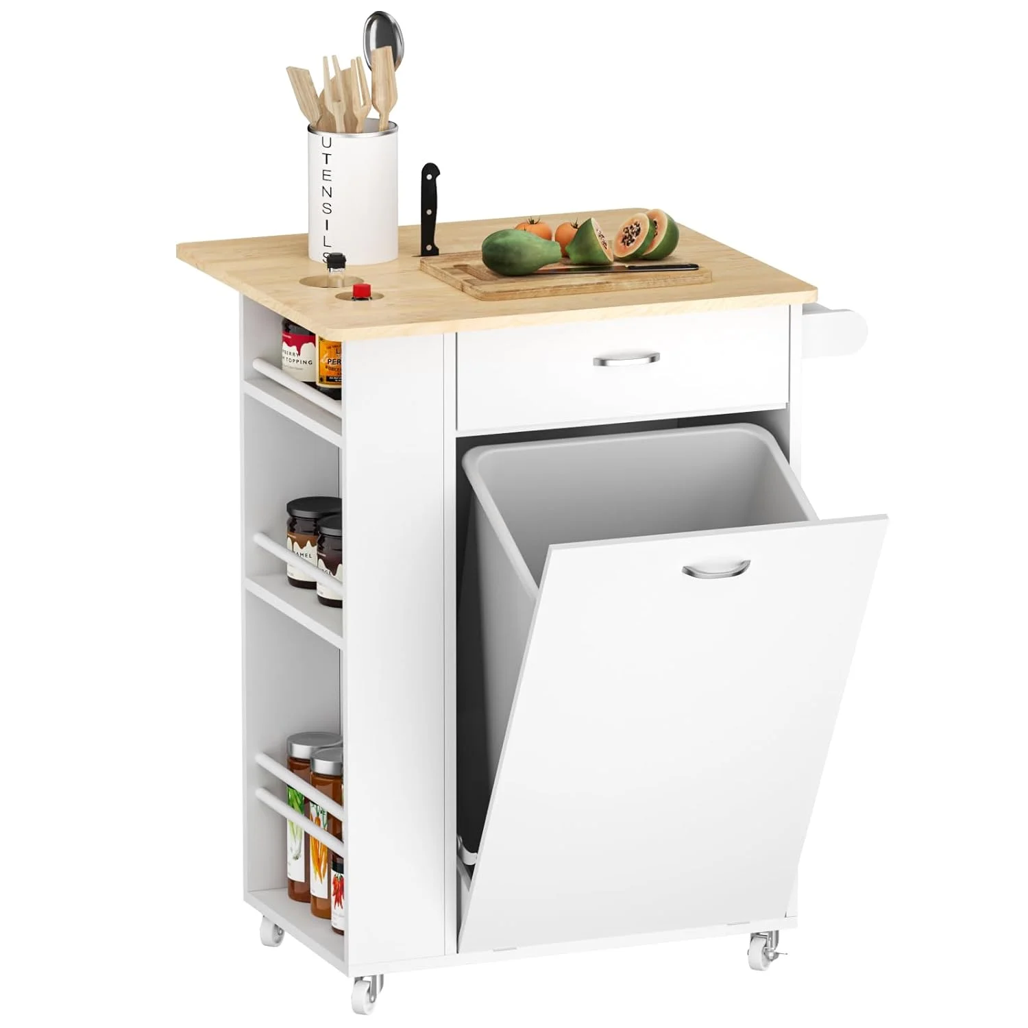 Veanerwood Kitchen Island with Drop Leaf - Trash Cabinet Tilt Out 10 Gallon Storage, Portable Cart with Rubberwood Top, Spice Rack, and Drawers for Dining Room