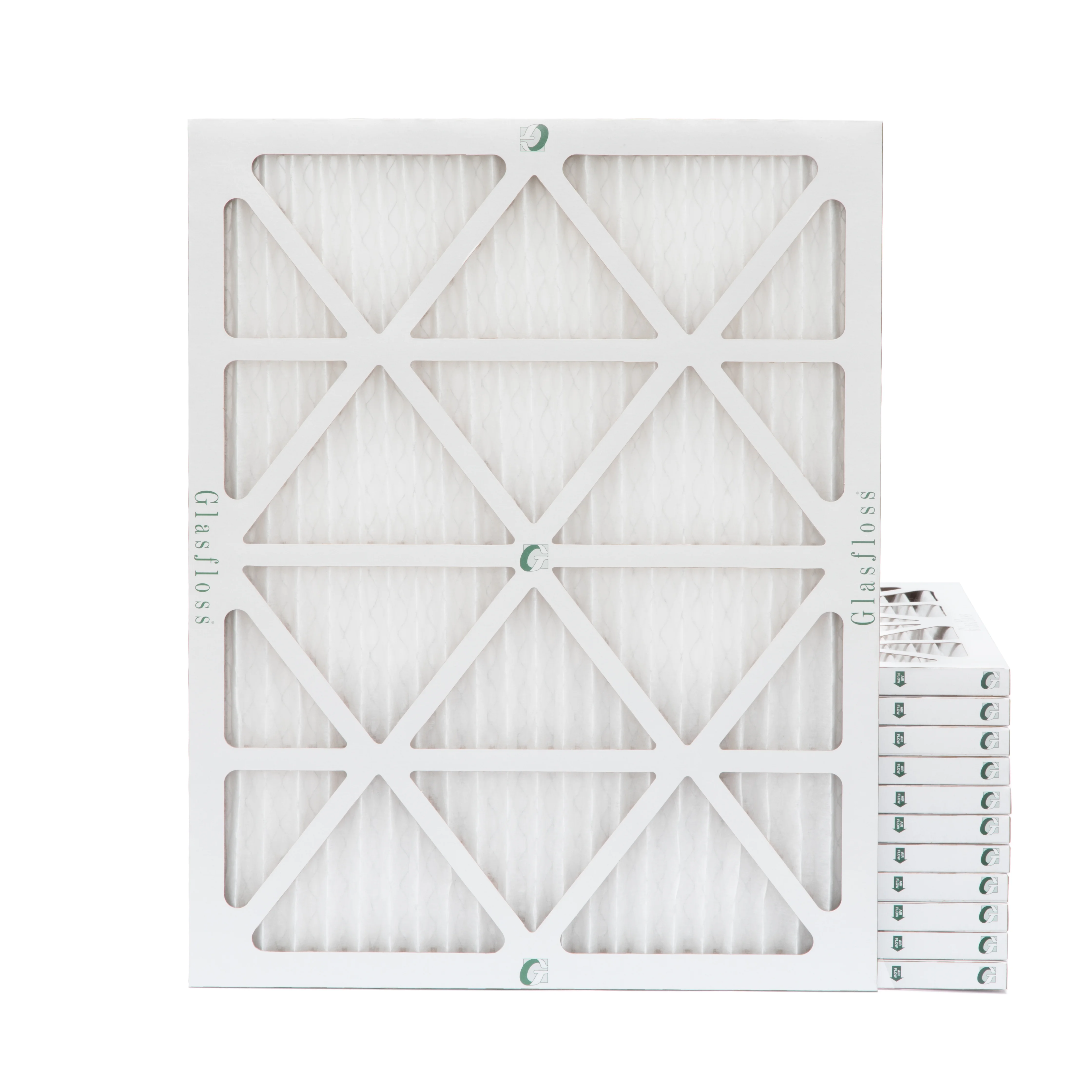 12 Pack of 20x22x1 MERV 13 Pleated Air Filters by Glasfloss. Actual Size: 19-1/2 x 21-7/8 x 7/8