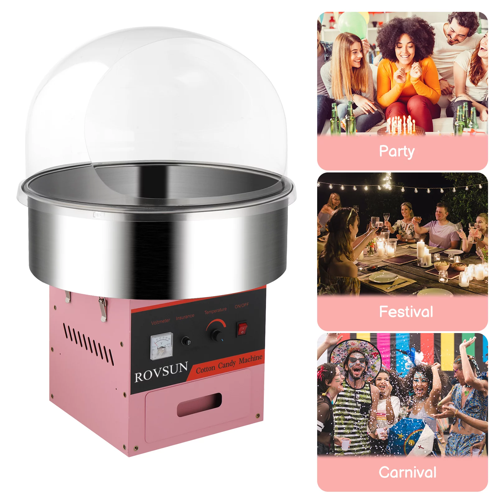 ROVSUN Cotton Candy Machine Maker 21 Inch Stainless Steel Bowl, Electric Candy Floss Maker Machine w/Cover Sugar Scoop and Large Storage Drawer for Commercial Home Party Carnival, Pink