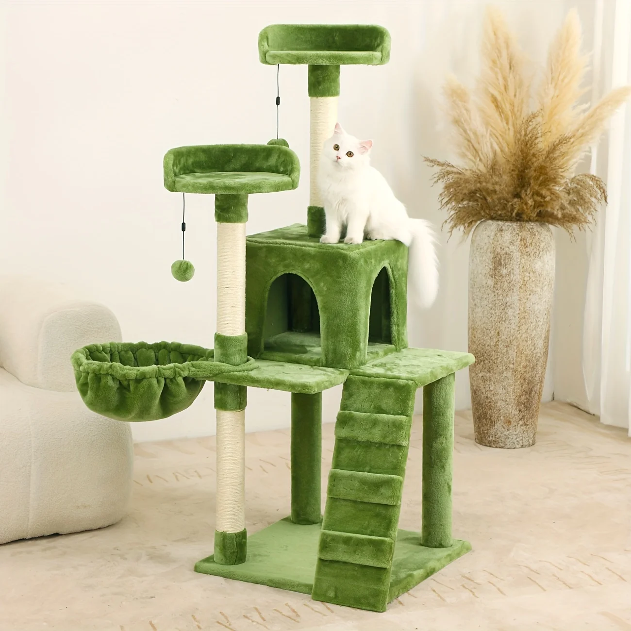 54in Green Cat Tree, Cat Tower Plush Condo Furniture, Cat Scratching Post With Natural Sisal Rope