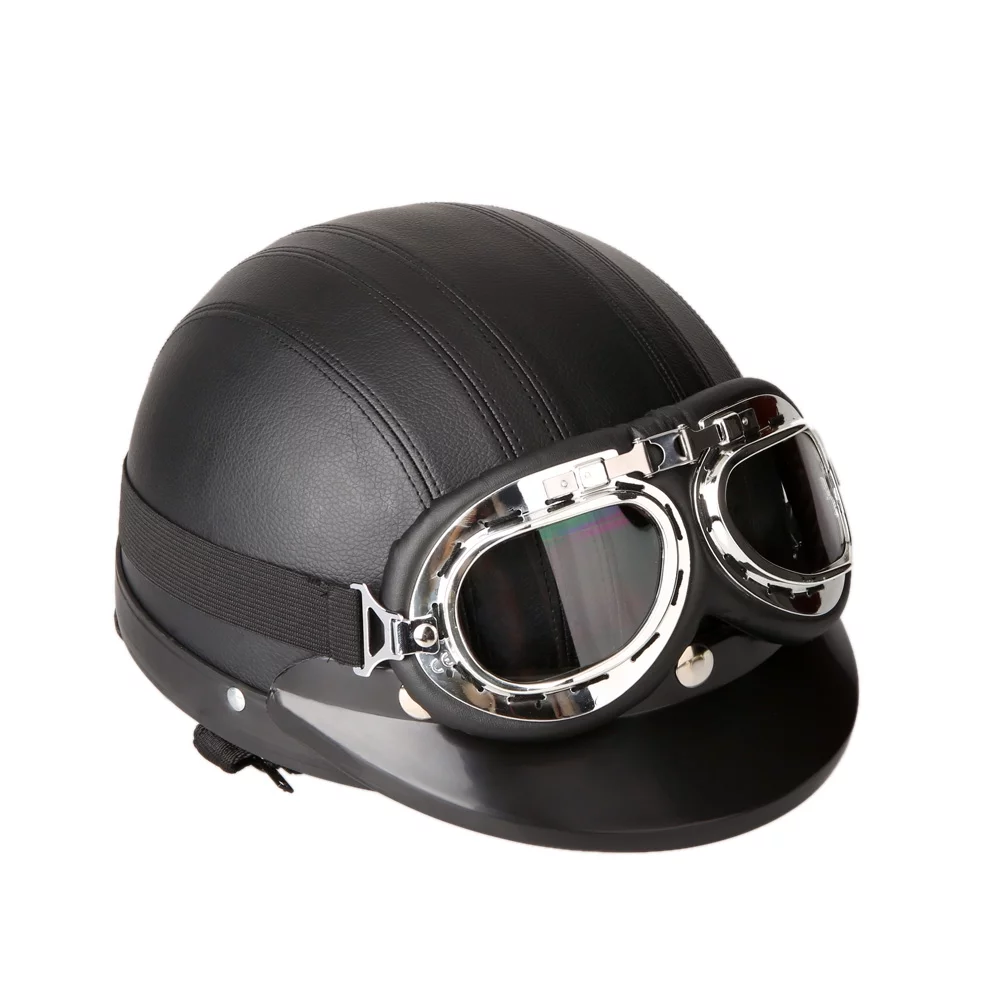 Carevas Motorcycle Scooter Open Face Half Leather Helmet with Visor Goggles Retro Vintage Style 54-60cm
