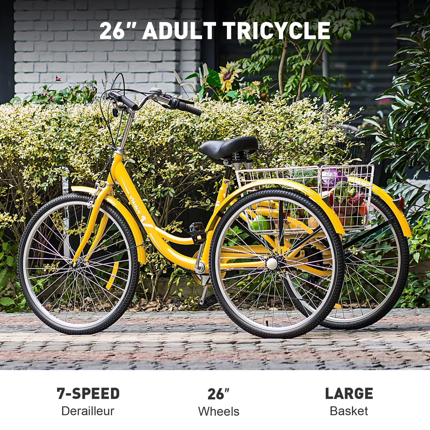 VIRIBUS 26 Inch Adult Tricycle 7 Speed 3 Wheel Cruiser Bike Trike w Rear Basket, Yellow