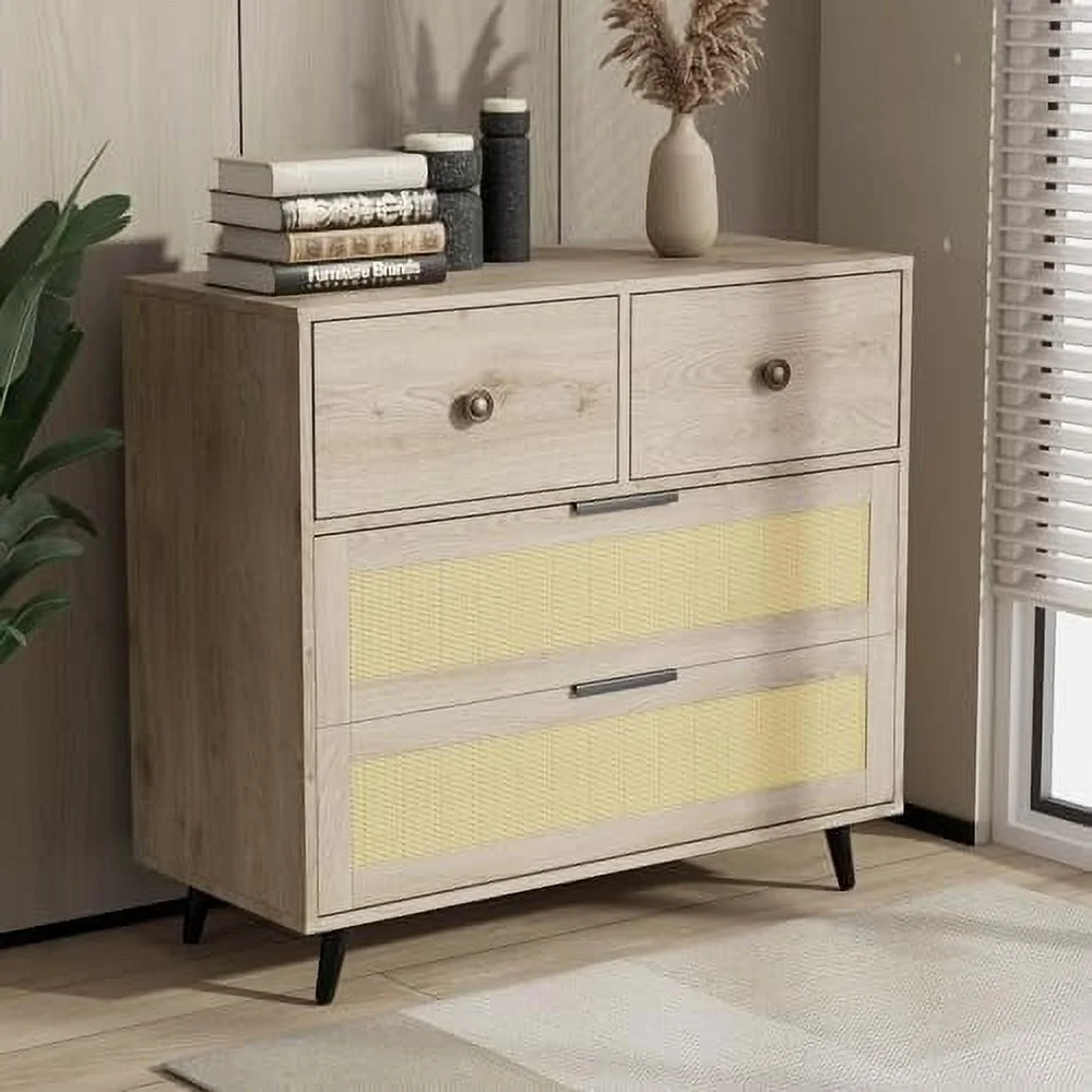 JDZHAPPYLIFE Small 3 Drawer Dresser  Mid-Century Modern Rattan Dresser Chest with Metal Handles  Wood  Cabinet of Drawers for Bedroom  Living Room  Hallway  Entryway  Oak