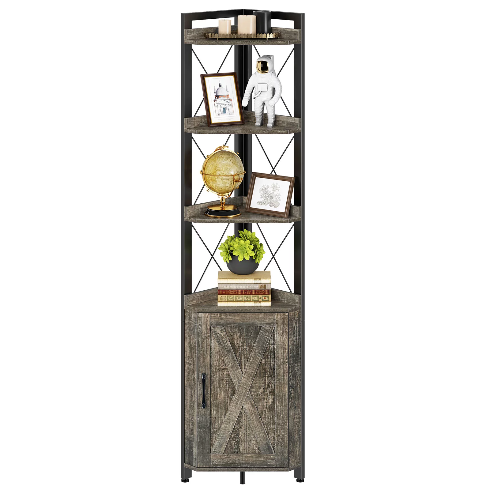 Rolanstar Corner Shelf 5-Tier with Cabinet,Corner Bookshelf Stand with Storage Rack Plant Stand for Living Room,Home Office,Kitchen,Small Space,Gray