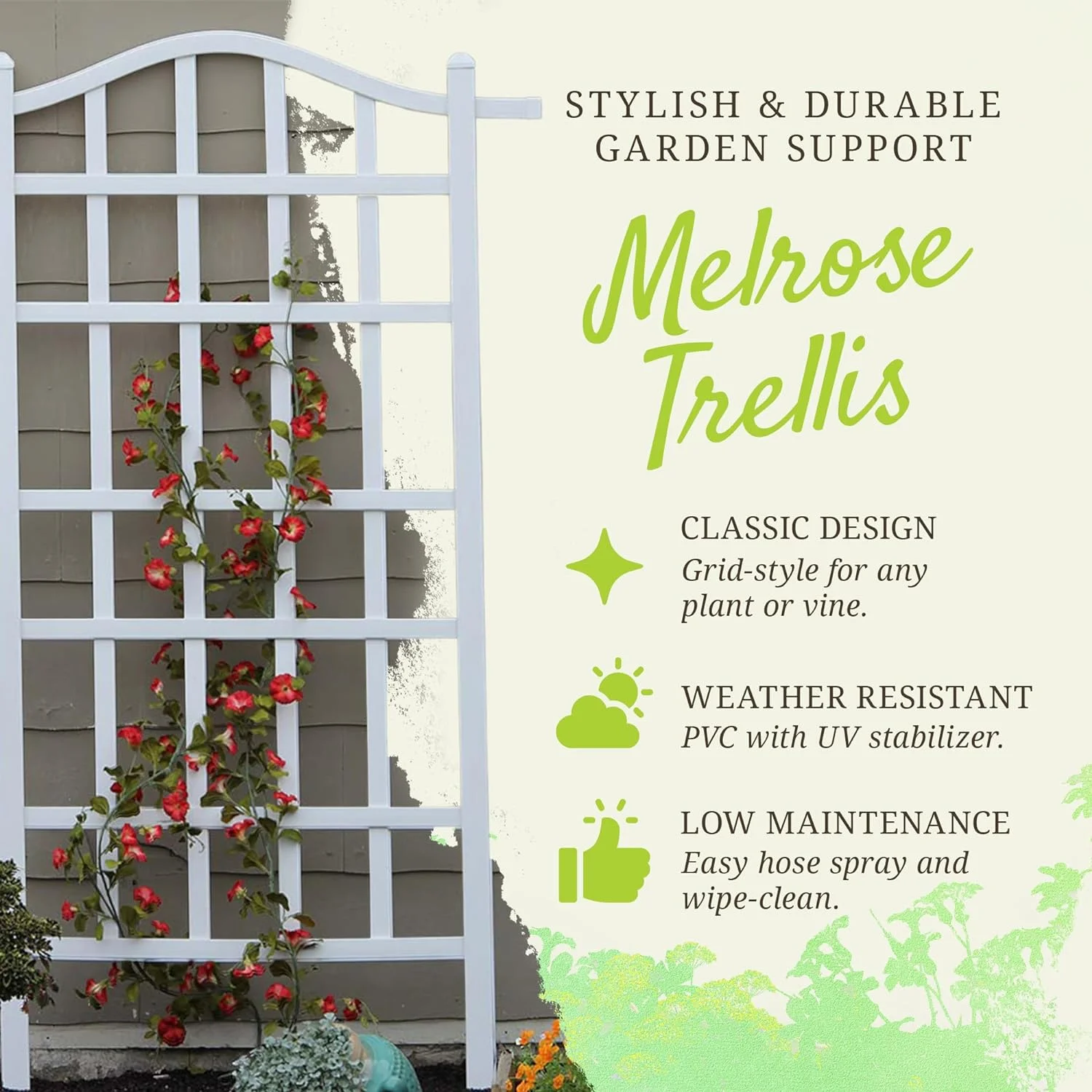 Dura-Trel Melrose 35 x 75 Inch Indoor Outdoor Garden Trellis Plant Support for Vines and Climbing Plants, Flowers, and Vegetables, White