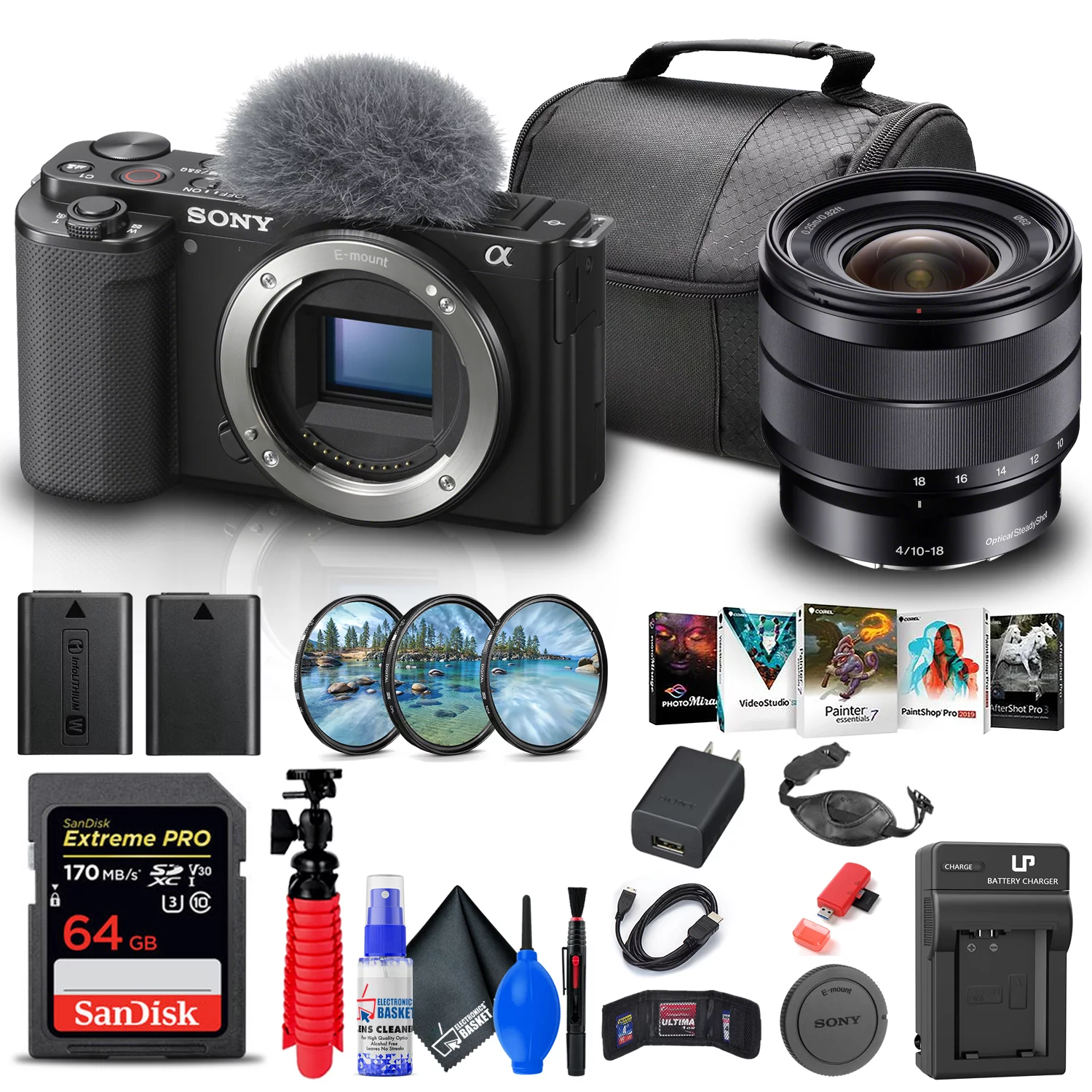 Sony ZV-E10 Mirrorless Camera + Sony E 10-18mm Lens + 64GB Memory Card + More