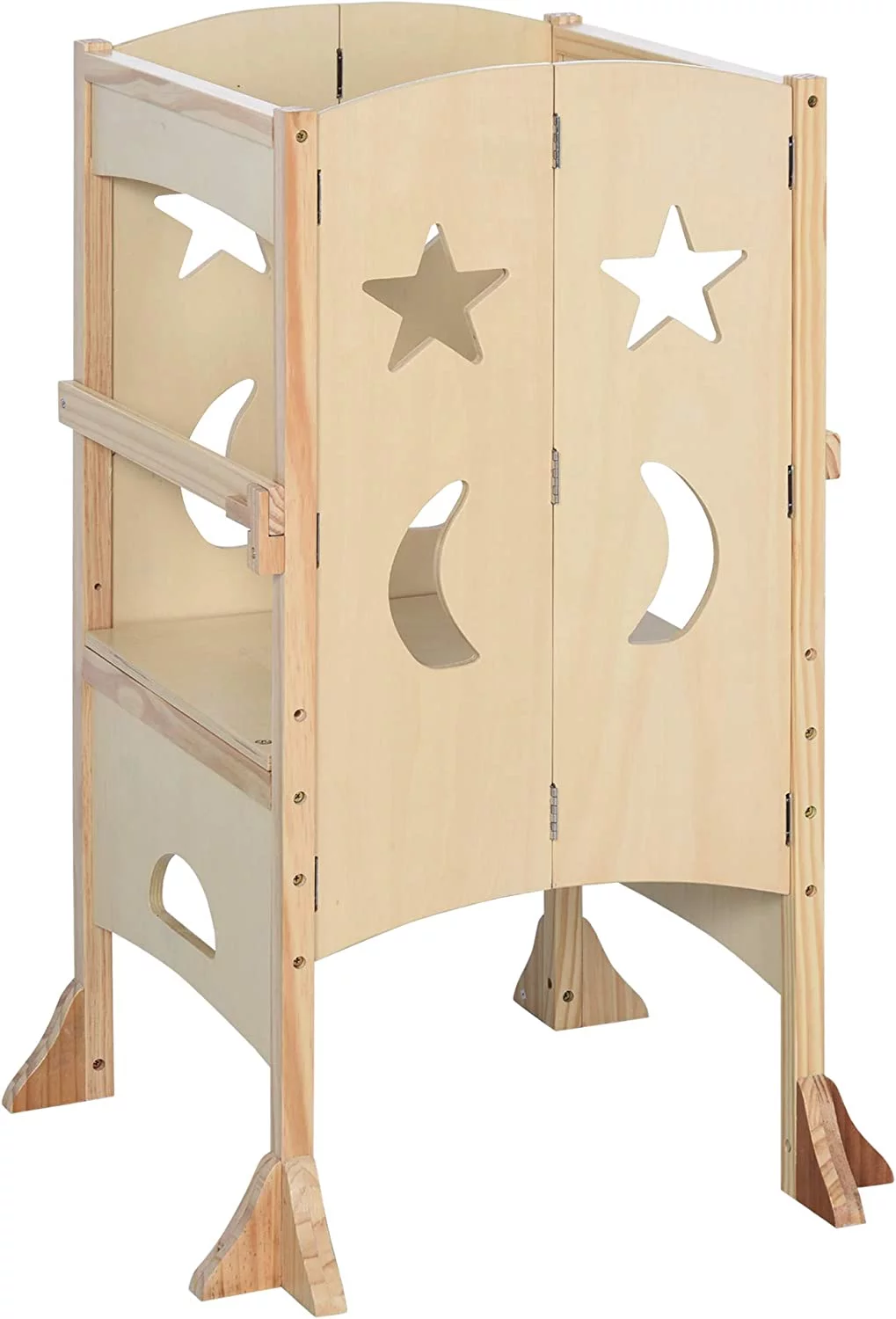 Wooden Kitchen Step Stool For Kids, Foldable Toddler Tower, Helper Stool For Kitchen Counter With Support Handles Safety Rail, Natural Wood