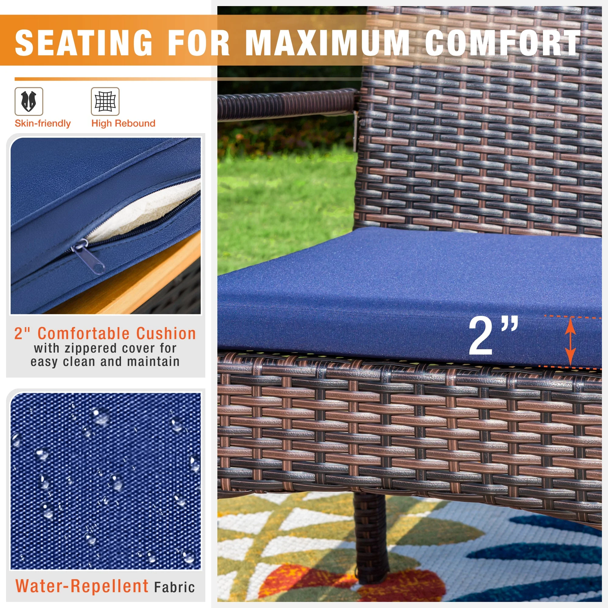 Sophia & William Patio Rattan Dining Chairs Set of 2 with Blue Cushions, Dark Brown