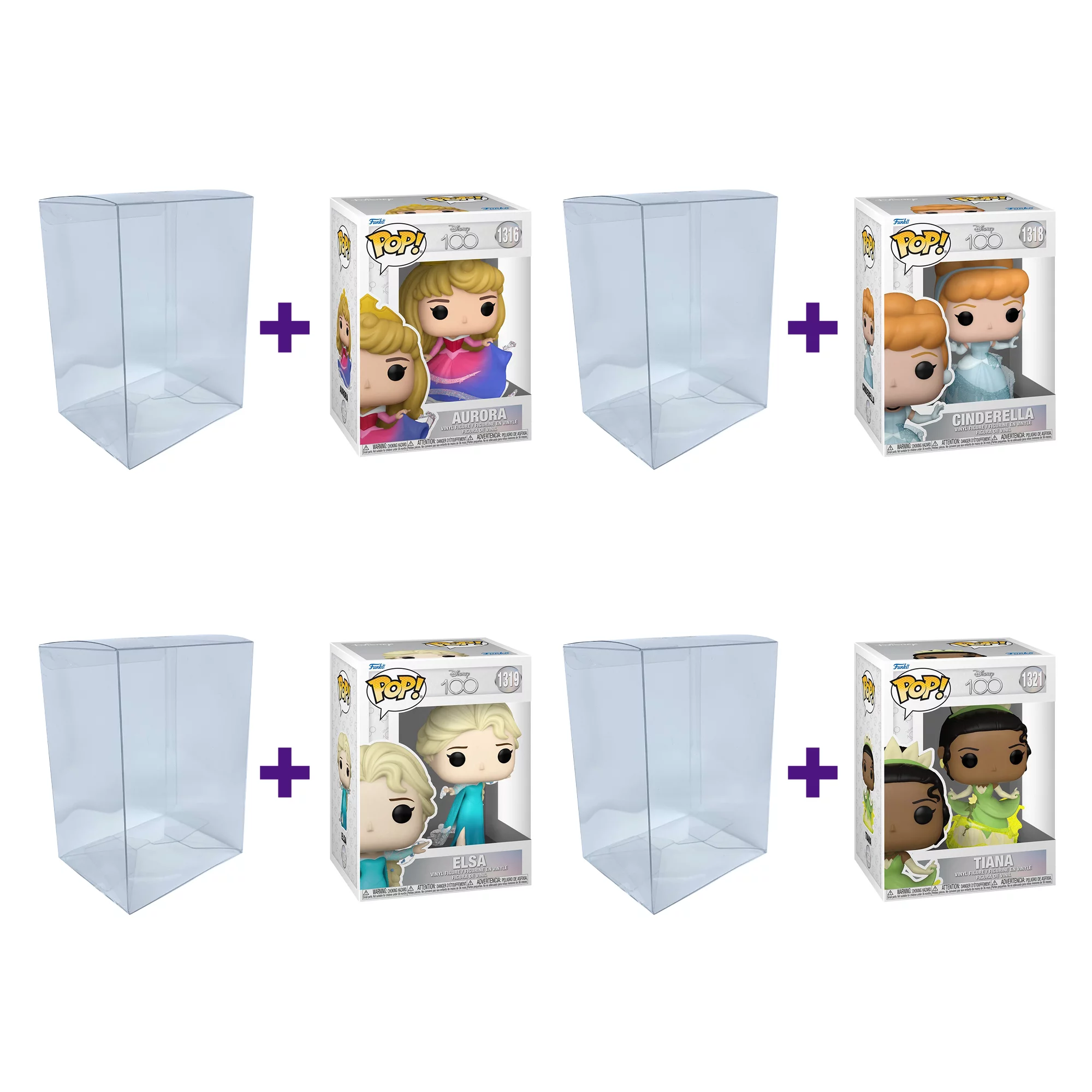 Disney 100 Princess Funko Pop Set of 4 with Protector Bundle - Includes Aurora #1316, Cinderella #1318, Elsa #1319, Tiana #1321 Figures with 4 Blue Salamander Emporium Plastic Protector Cases