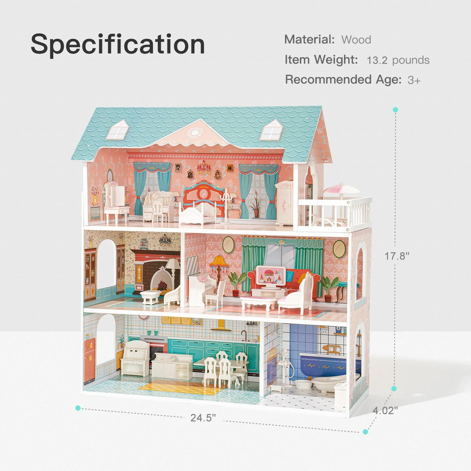Big Wooden Dollhouse with Furniture Play Set