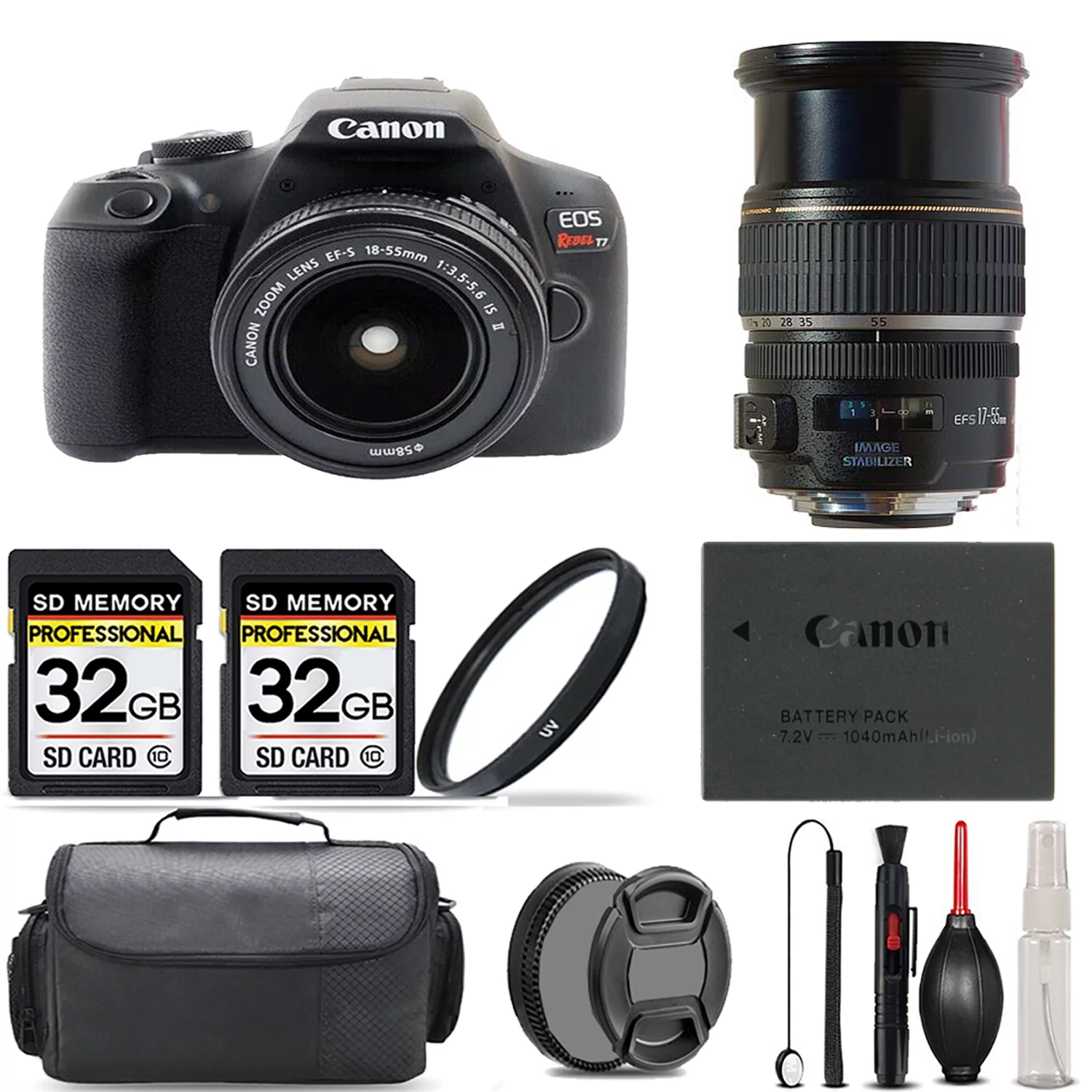 Canon EOS Rebel T7 DSLR Camera with 18-55mm Lens + 17-55mm f/2.8 IS USM Lens + UV Filter + 64GB + Bag & More!
