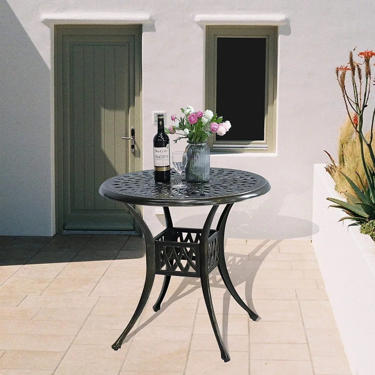 W WARMHOL Outdoor Cast Aluminum Patio Table, 31” Round Bistro Table with 2” Umbrella Hole for Patio Furniture Garden Deck Backyard