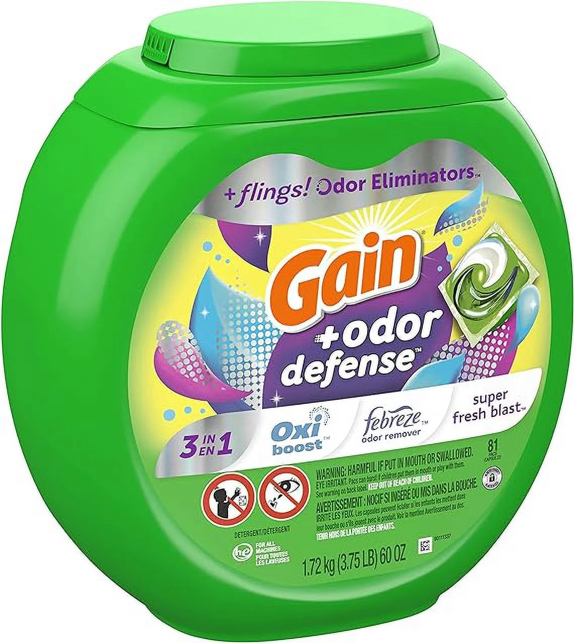 Gain Flings Laundry Detergent Pacs with Odor Defense, HE Compatible, 3in1 with Febreze and Oxi, Super Fresh Blast Scent, 81 Count