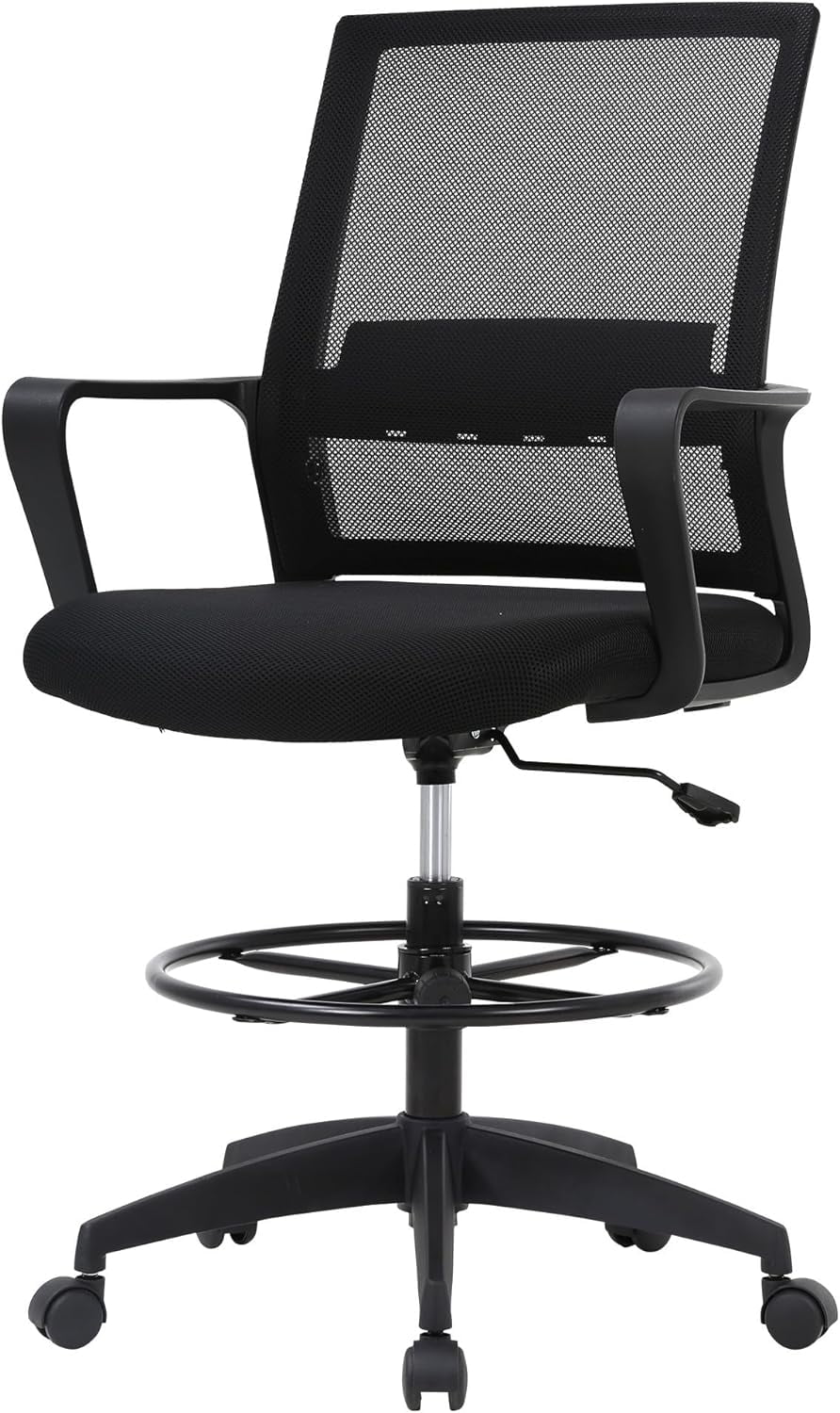 YiSHOP Drafting Chair Computer Standing Desk Chair Tall Office Chair with Lumbar Support Adjustable Foot Ring for Mesh Ergonomic Mid-Back Desk Chair (Black)