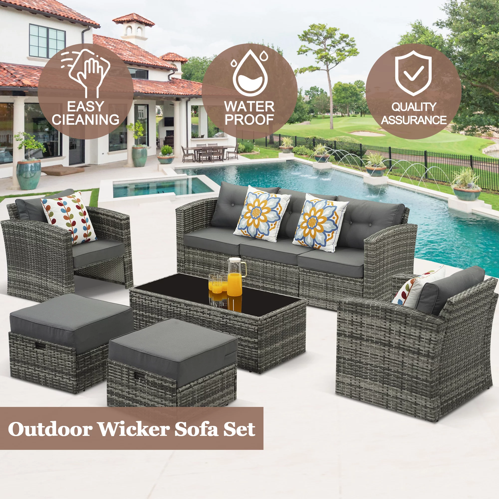 Cozyhom 8 Pieces Gray Wicker Rattan Patio Aluminum Sofa Furniture Set with Dark Gray Cushions