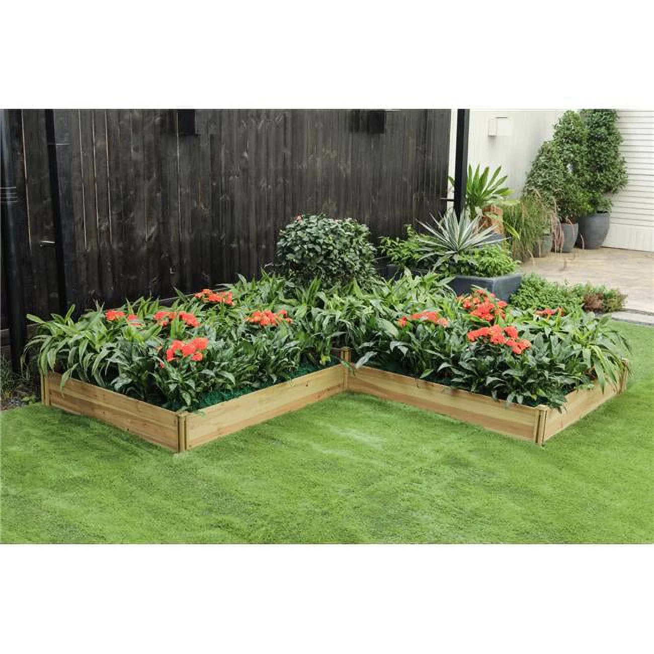 Three Section L-Shaped Raised Garden Bed Planter, Natural Wood