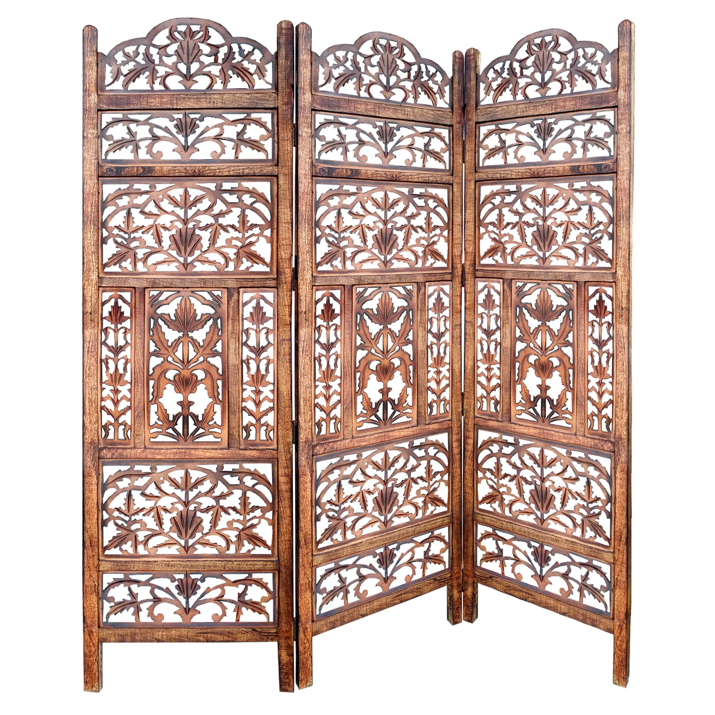 MAICOSY Handcrafted 3 Panel Mango Wood Screen with Cutout Filigree Carvings - Brown