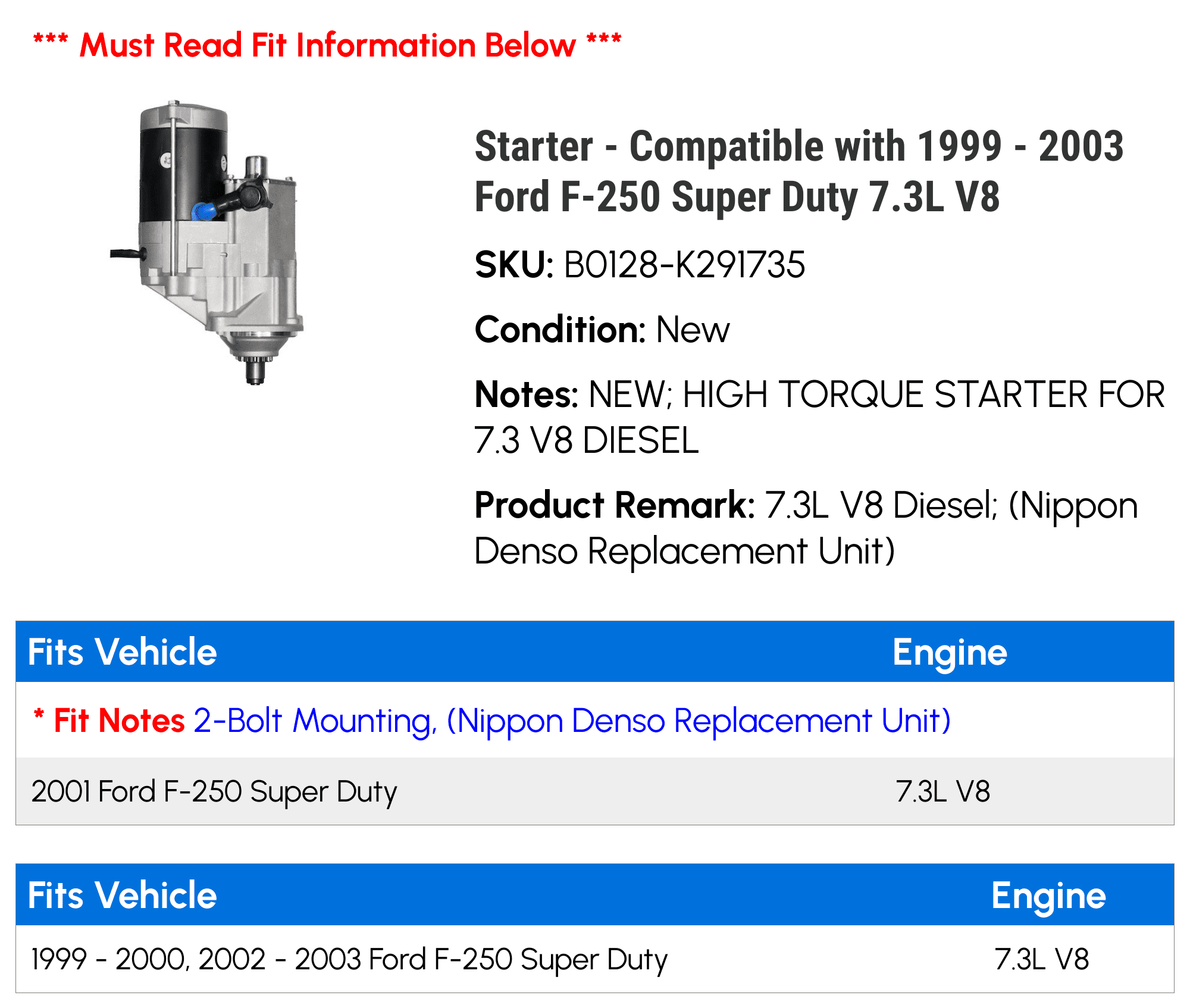Starter - Compatible with 1999 - 2003 Ford F-250 Super Duty 7.3L V8 2000 2001 2002