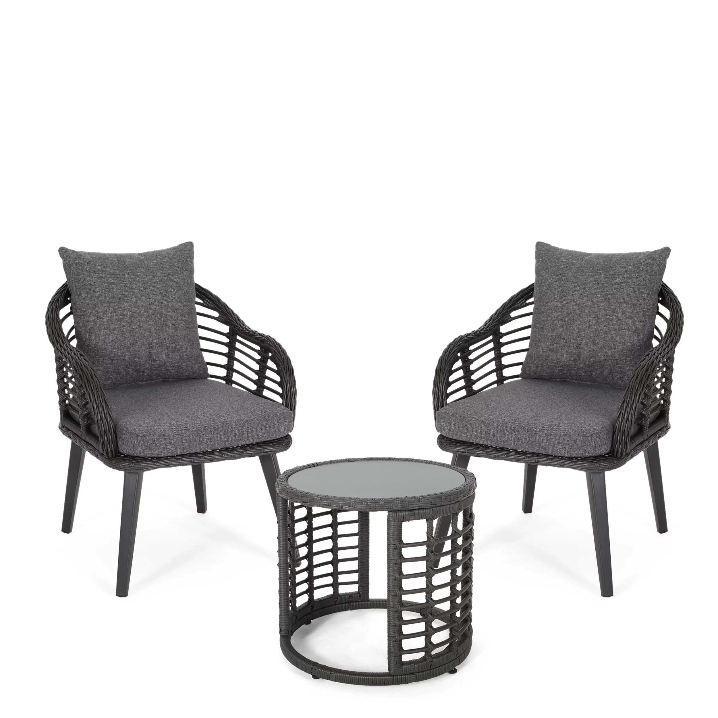 Harrisburg Outdoor Modern Boho 2 Seater Wicker Chat Set with Side Table, Gray and Black