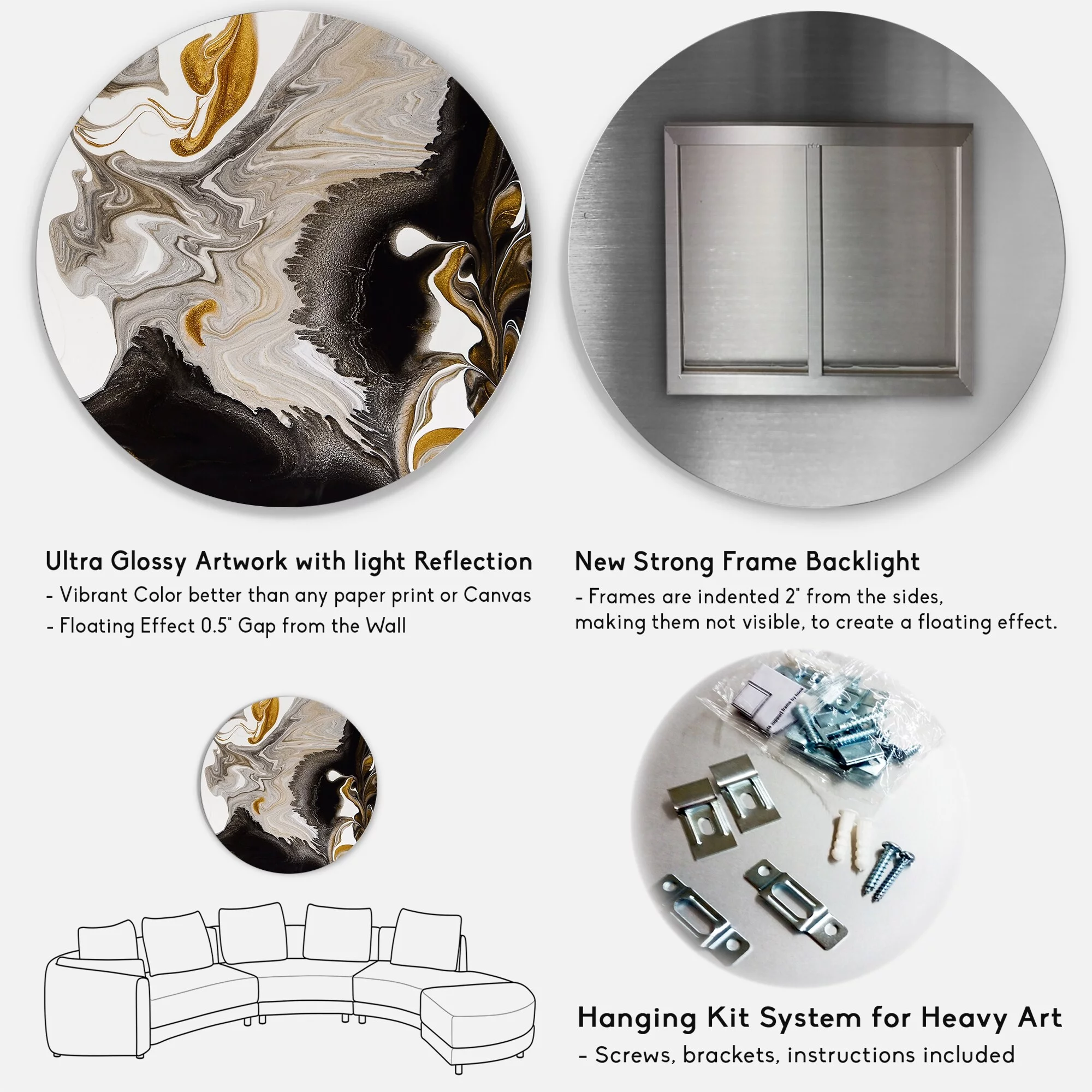 DESIGN ART Designart 'Gold And Black Marble Waves IV' Modern Metal Circle Wall Art 36x36 - Disc of 36 Inch