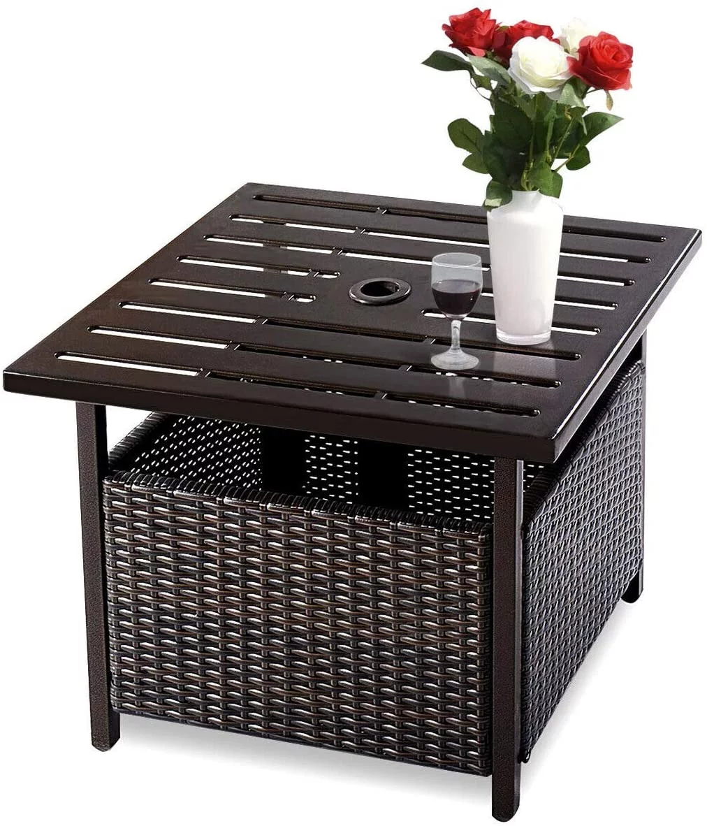 CHGBV Rattan Wicker Umbrella Square  Outdoor Stand Garden Leisure Coffee  with Umbrella Hole  Dark Brown