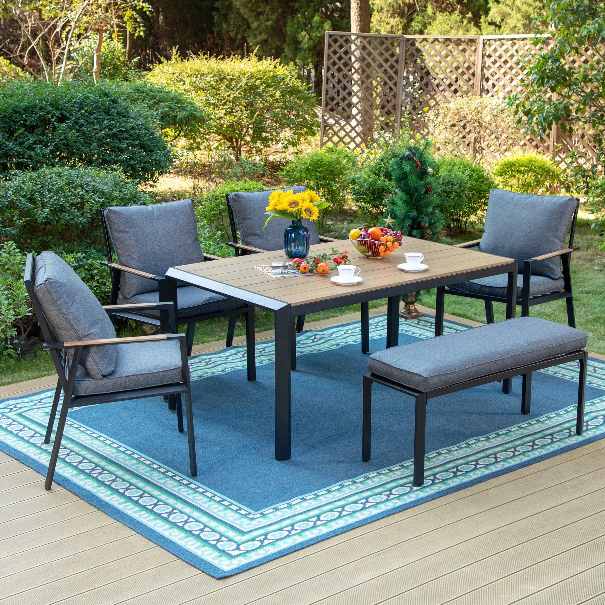 MF Studio 6-Piece Aluminum Outdoor Dining Set with with Cushioned Seats for 6, Black&Gray