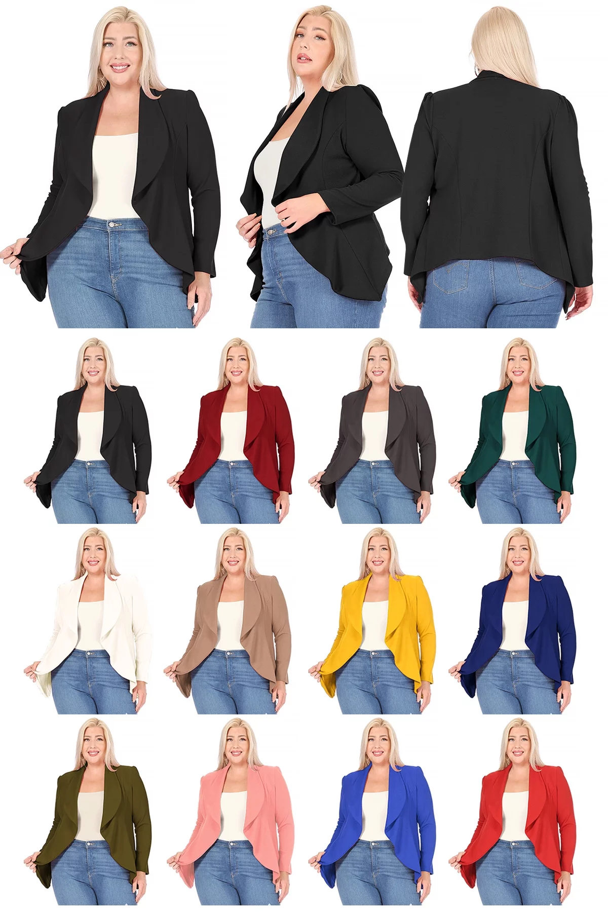 Women's Plus Size Long Sleeve Waist Length Open Front Office Blazer Jacket