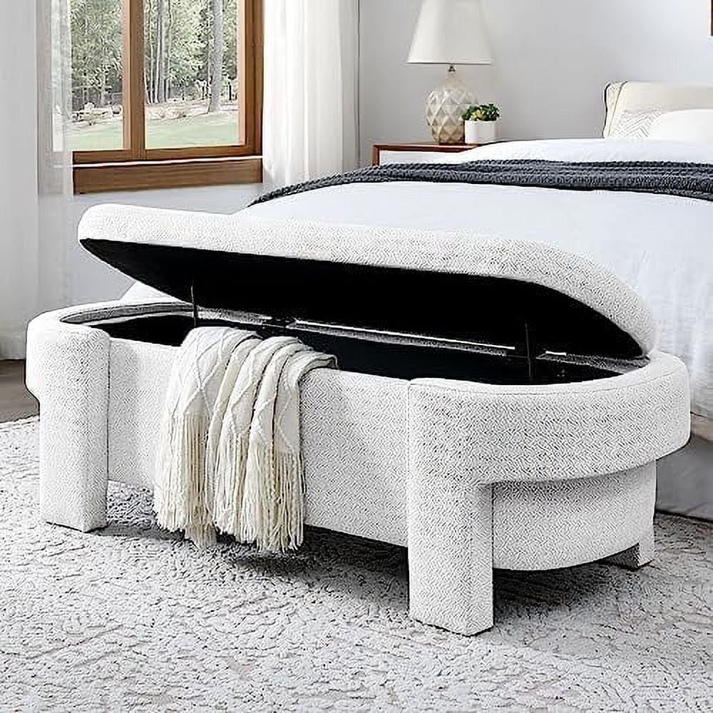 JYHOME 51.5"  Bench  Linen Fabric Upholstered  Ottoman with Safety Hinge and Solid Wood Legs   Ottoman Bench for Bedroom  End of Bed  Living Room  Entryway  Window Side (White)