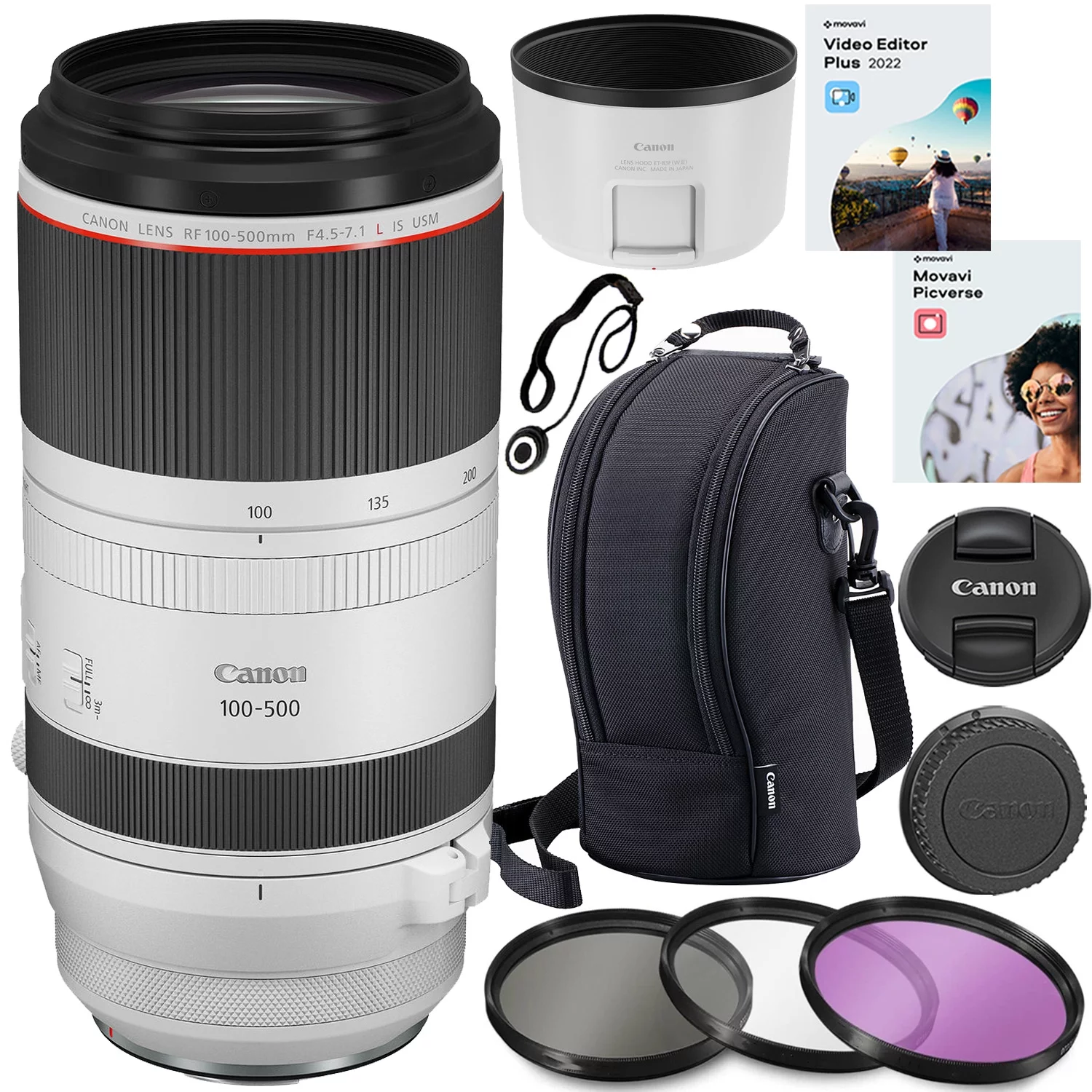 Canon RF 100-500mm f/4.5-7.1 L IS USM Lens Bundle + HD Filter Kit + Lens Cap Keeper + 5 in 2 Photo/Video Editing Software Package (11 Items)