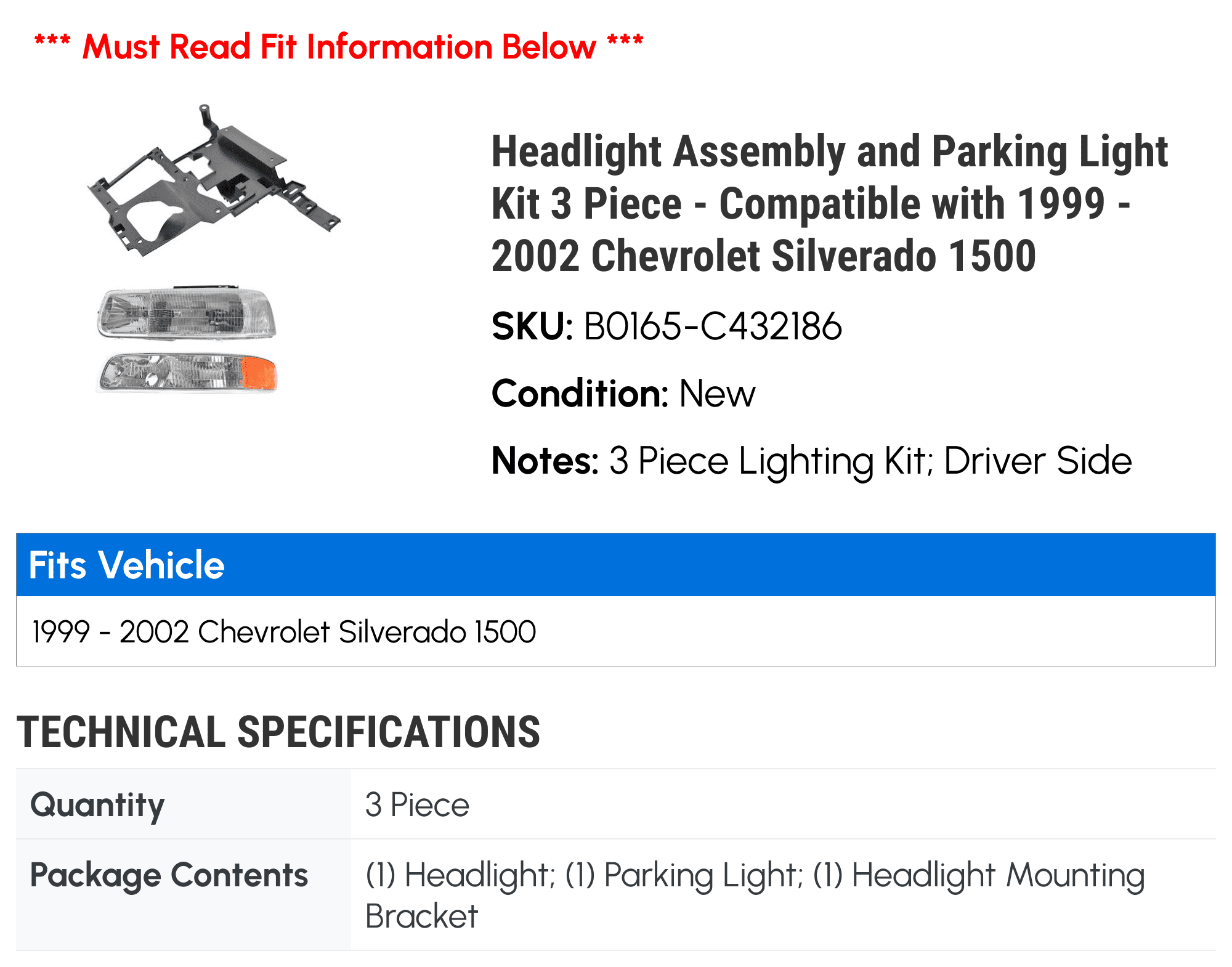Headlight Assembly and Parking Light Kit 3 Piece - Compatible with 1999 - 2002 Chevy Silverado 1500 2000 2001
