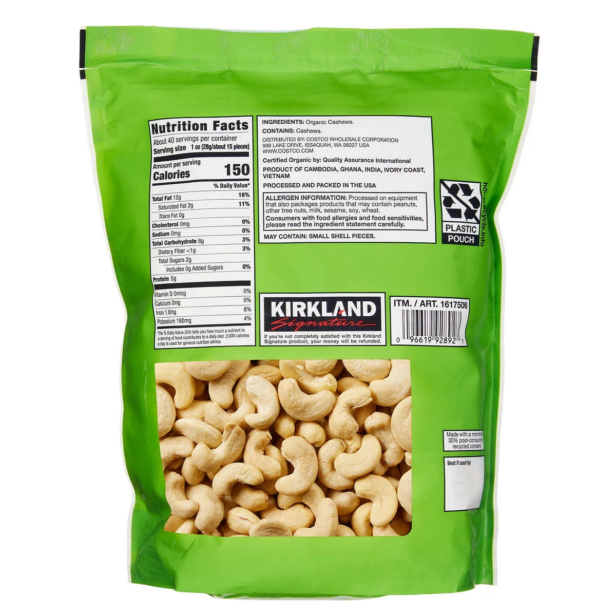 Kirkland Signature Organic Whole Cashews, Unsalted, Unroasted, 2.5 lbs