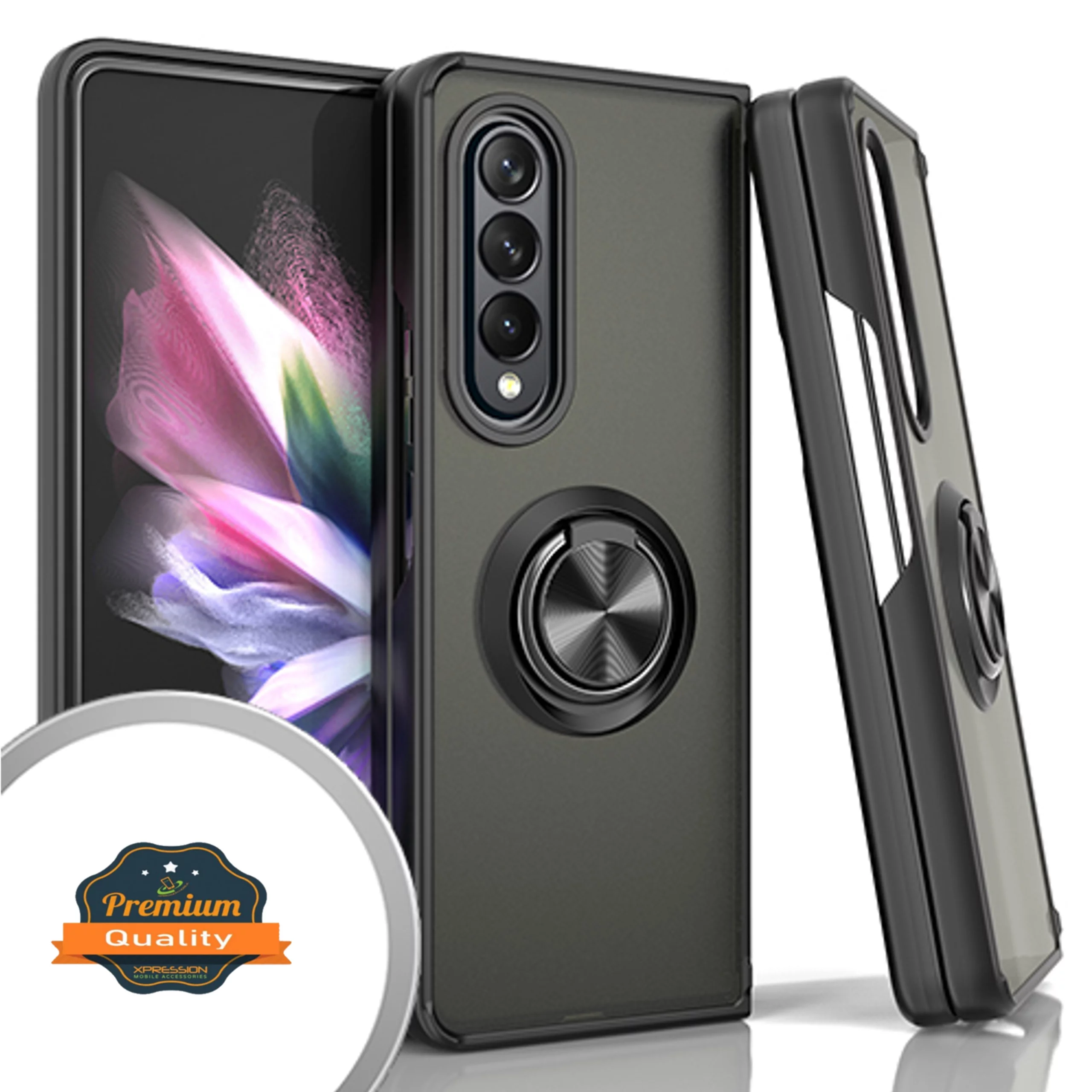 Xpression Case for Samsung Galaxy Z Fold 3 5G Finger Ring Stand Holder Kickstand Hybrid Frosted Matte TPU Hard PC Frame Shock-Absorption Phone Cover [Black]
